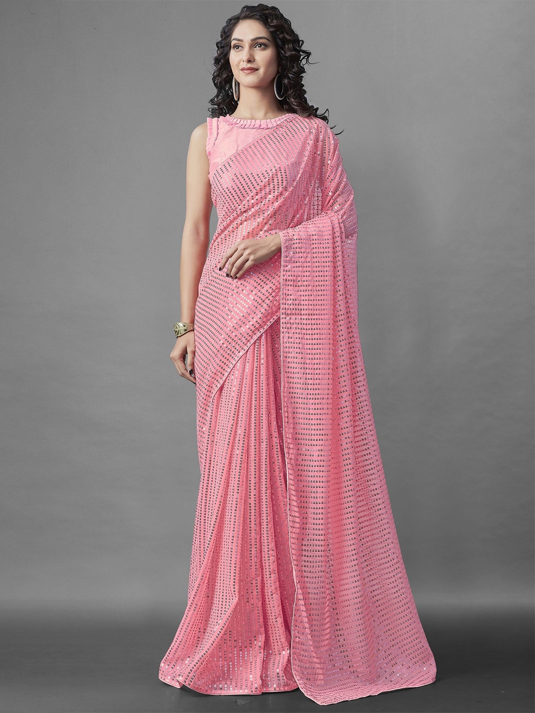 

KALINI Embellished Sequinned Pure Georgette Saree, Pink