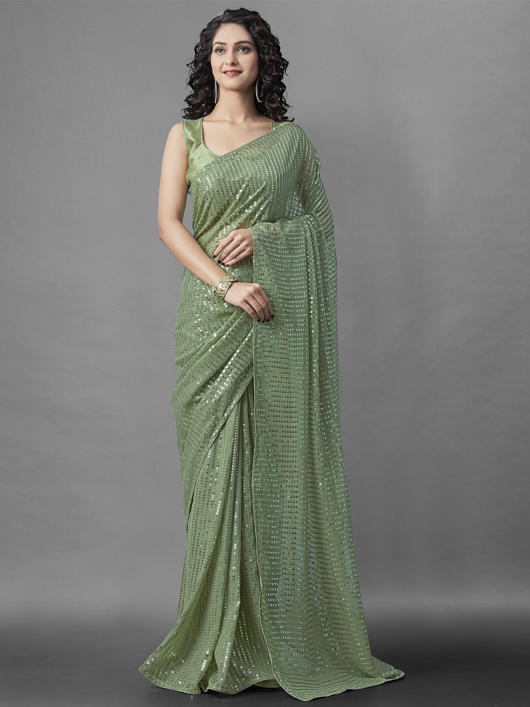 

KALINI Embellished Sequinned Pure Georgette Saree, Green