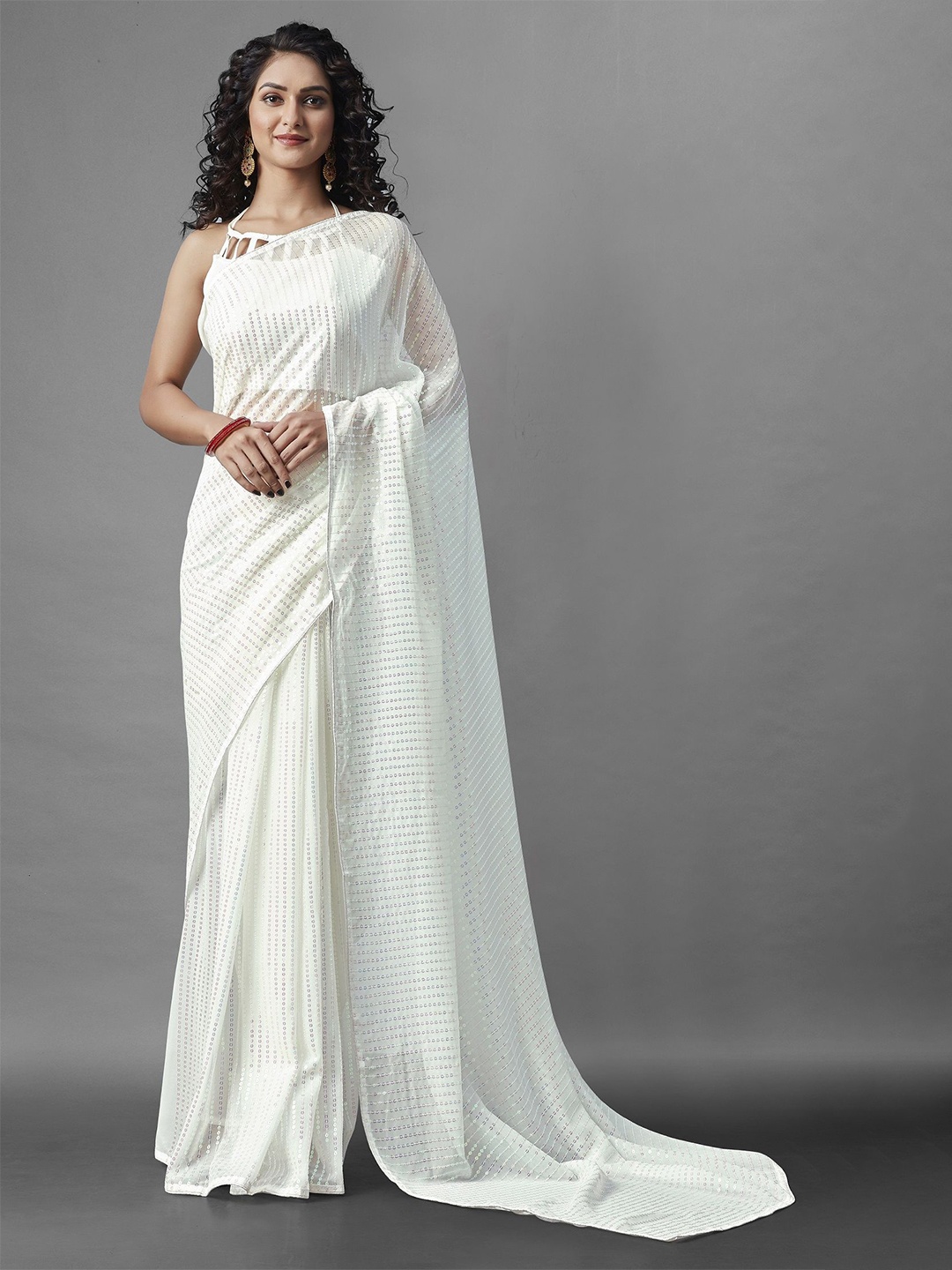 

KALINI Embellished Sequinned Pure Georgette Saree, White