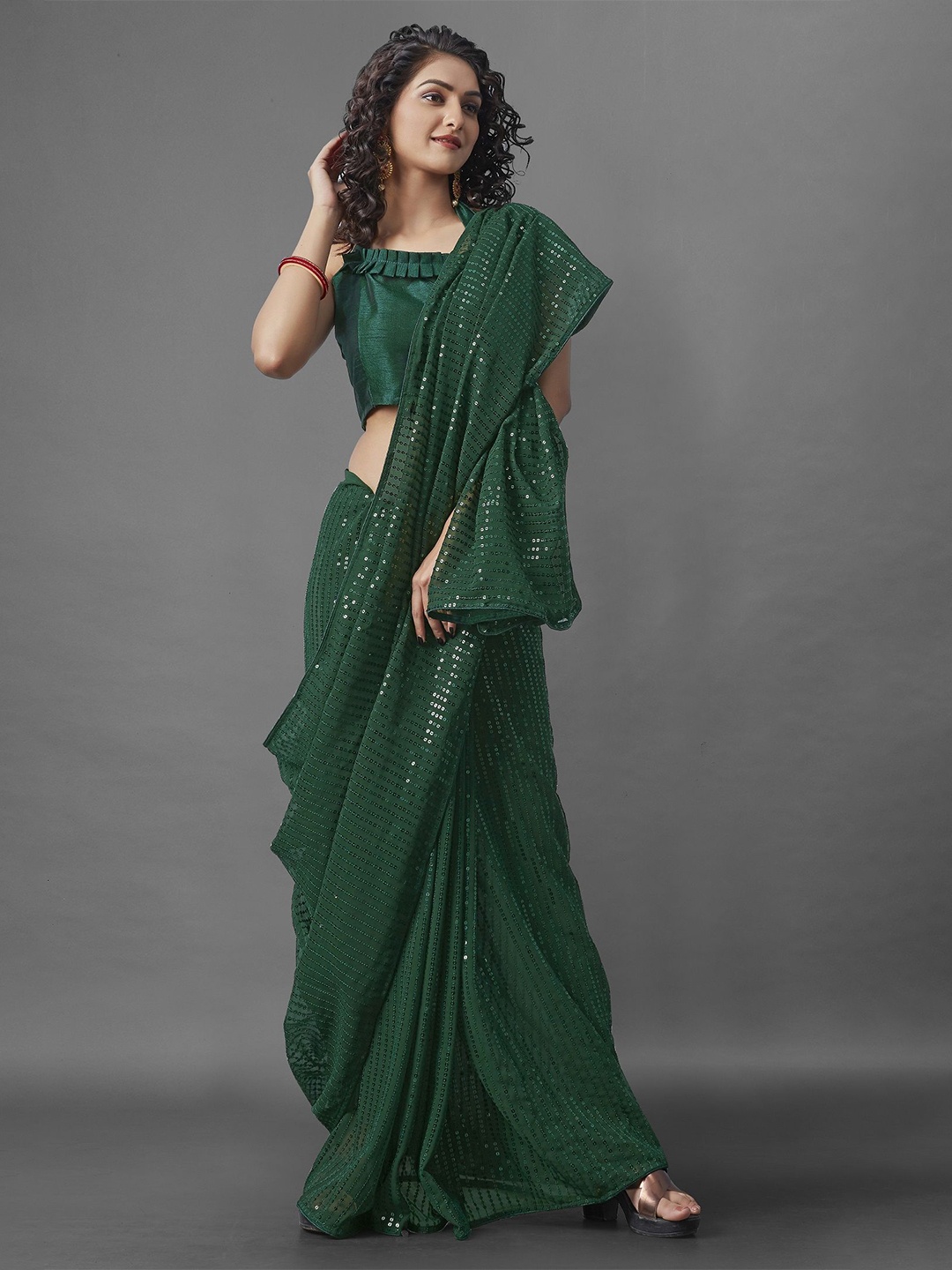 KALINI Embellished Sequinned Pure Georgette Saree, Green
