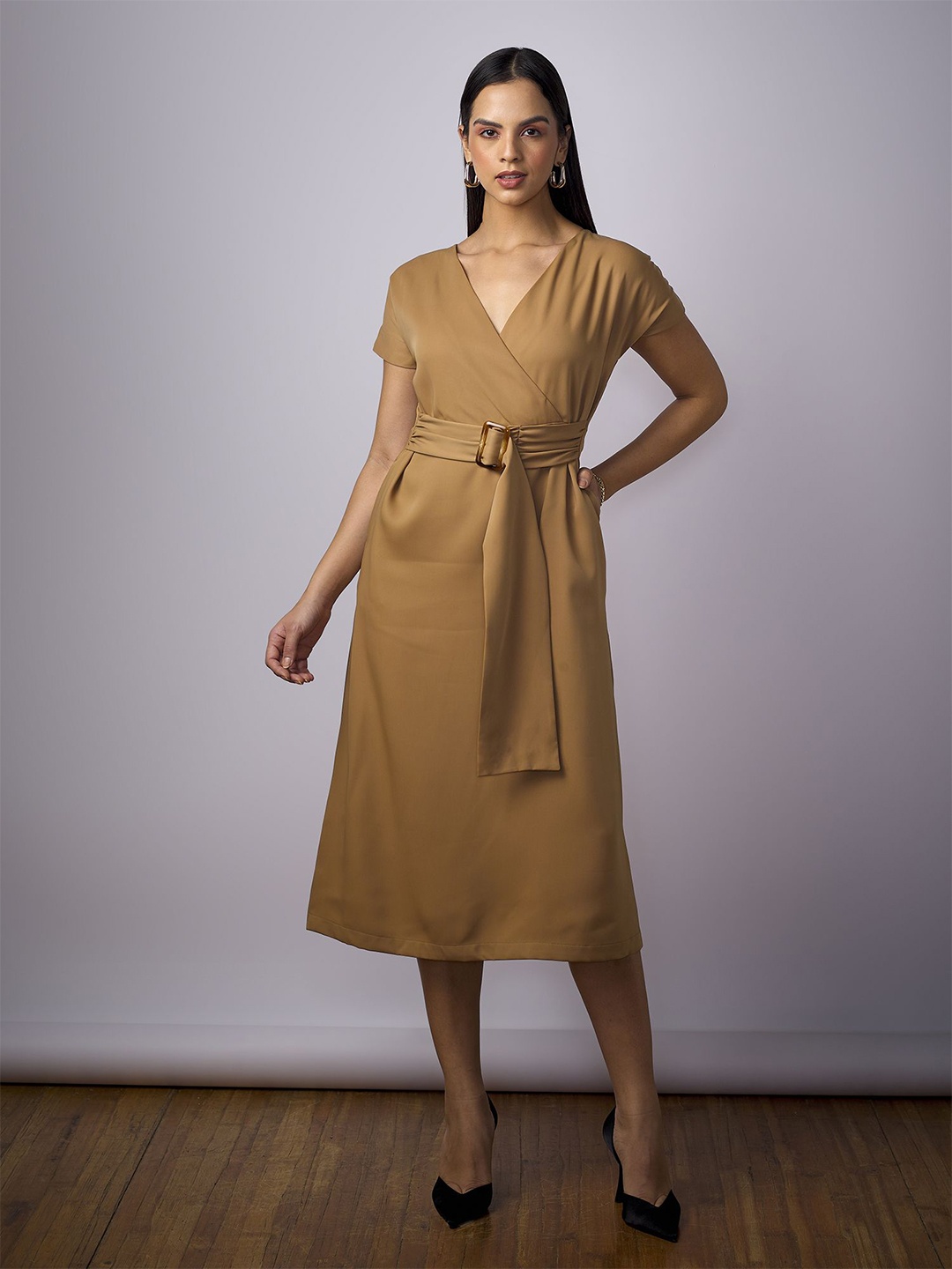 

SALT ATTIRE Short Sleeves Wrap Midi Dress, Beige