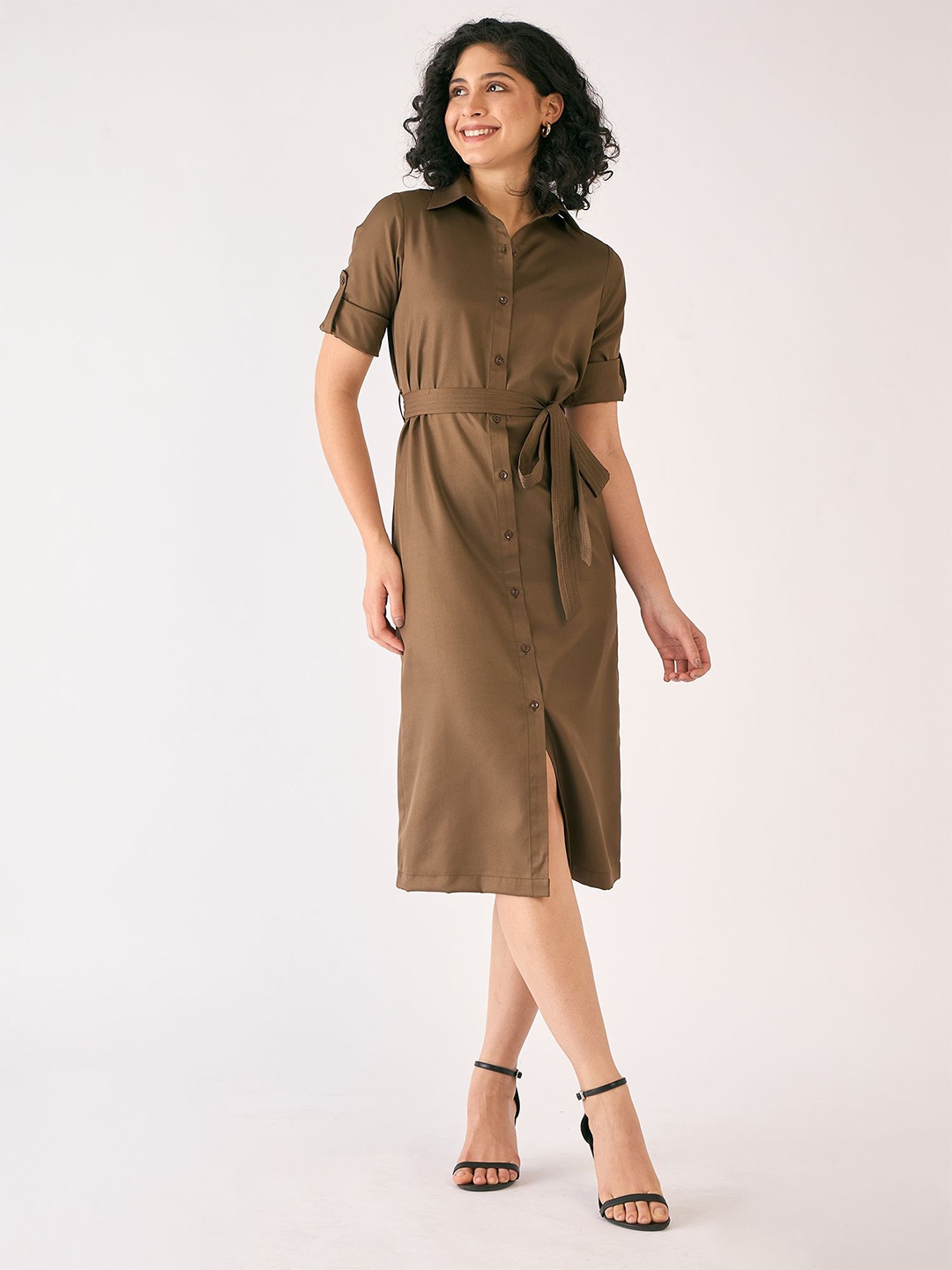 

SALT ATTIRE Roll-Up Sleeves Shirt Dress, Khaki