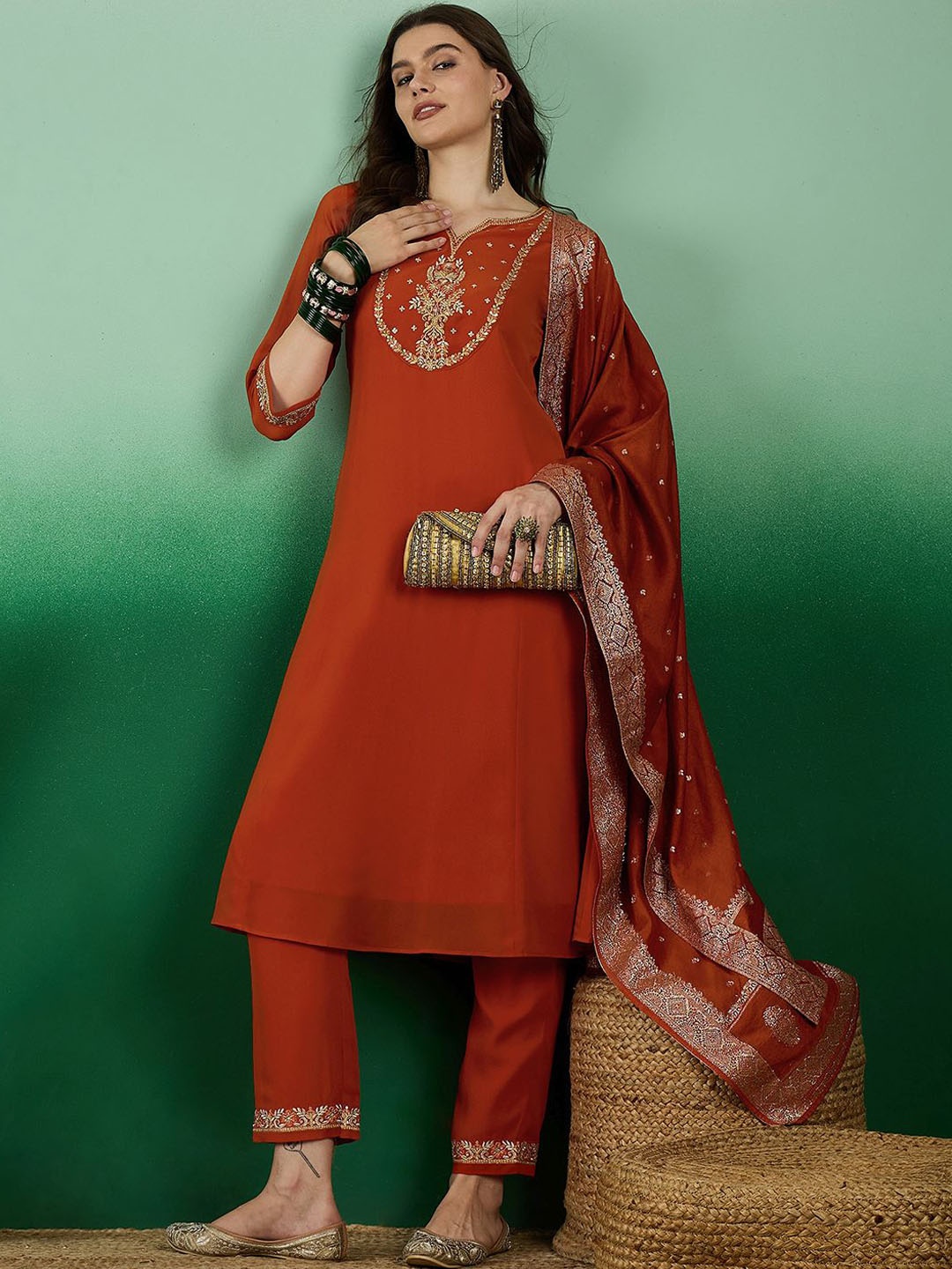 

Sangria Orange Floral Embroidered Sequinned Straight Kurta With Trousers & Dupatta