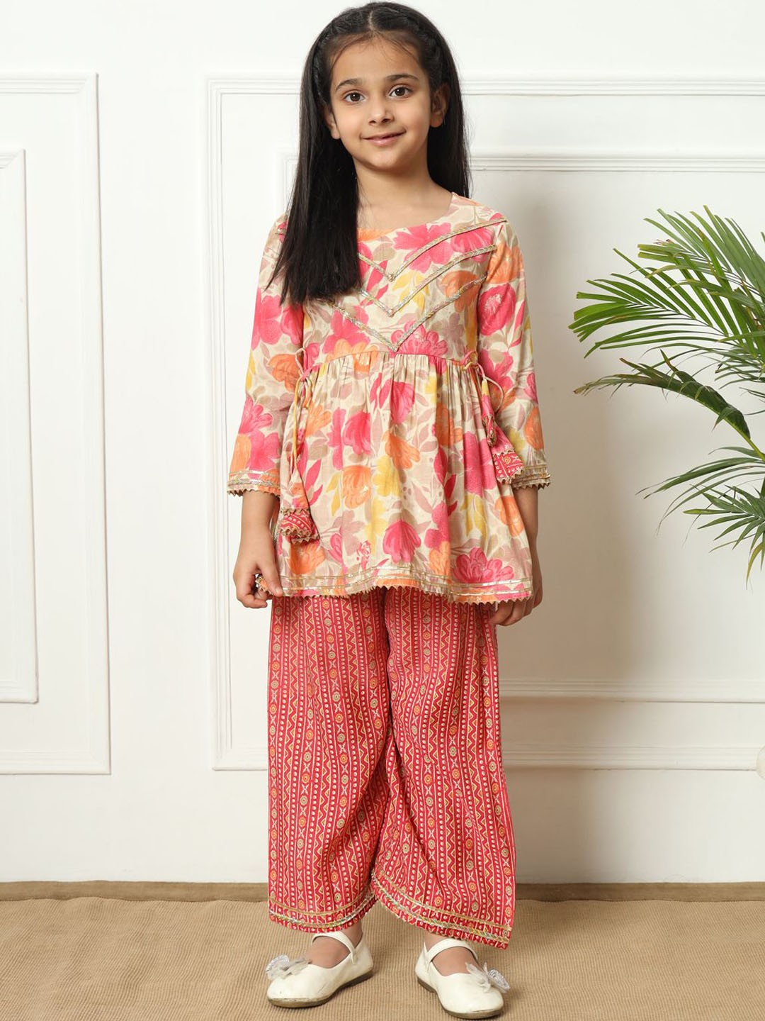 

Readiprint Girls Floral Printed Pleated Gotta Patti Pure Silk Kurti With Palazzo, Pink
