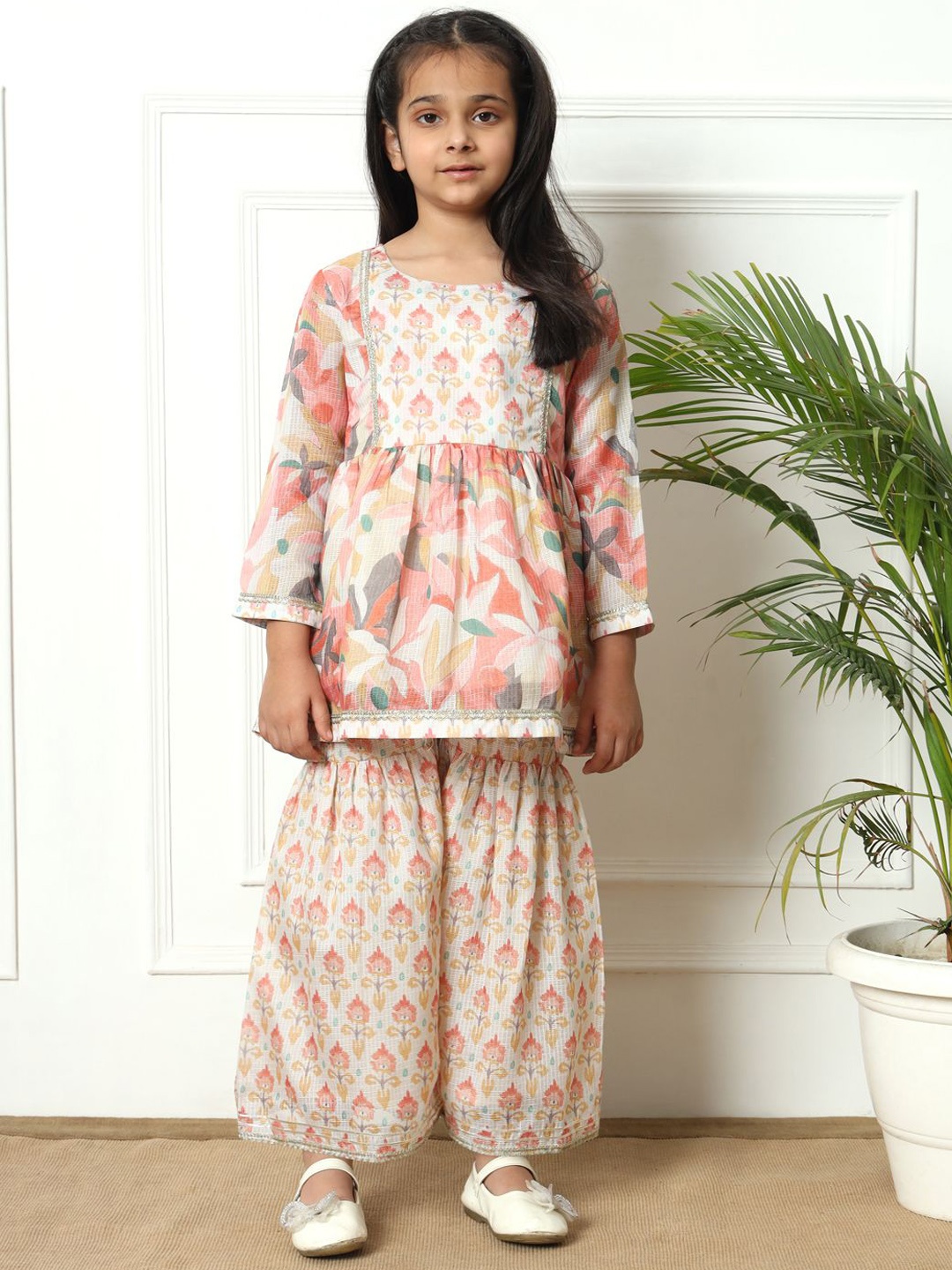 

Readiprint Girls Floral Printed Pleated Gotta Patti Pure Cotton Kurti & Sharara, Off white