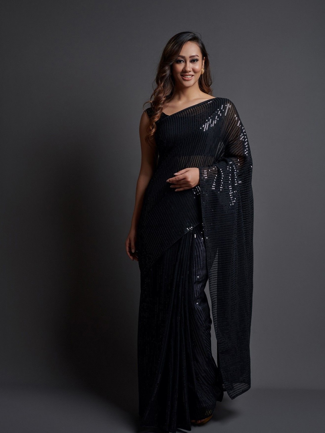 

KALINI Embellished Sequinned Pure Georgette Saree, Black