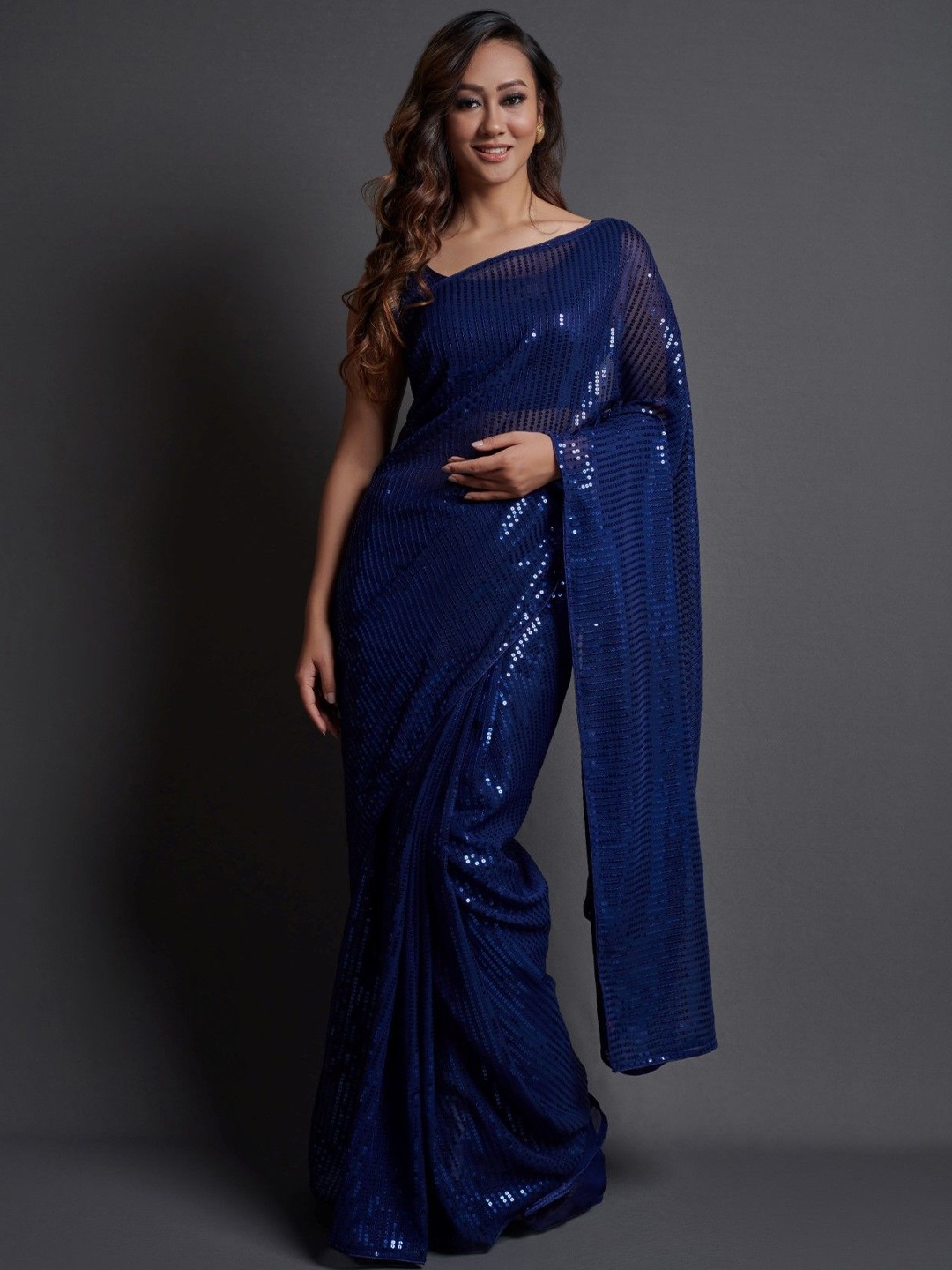 

KALINI Embellished Sequinned Pure Georgette Saree, Blue