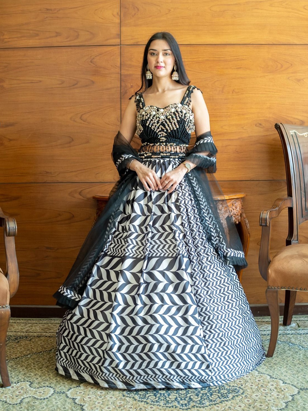 

ALIYANA Embellished Beads and Stones Ready to Wear Lehenga & Blouse With Dupatta, Black