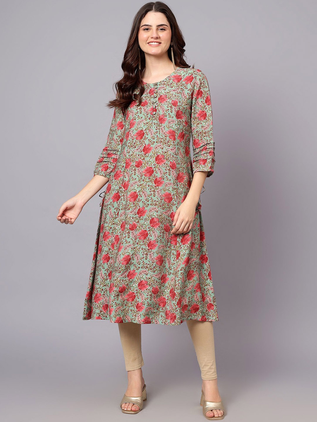 

Cantabil Floral Printed A-Line Kurta, Sea green