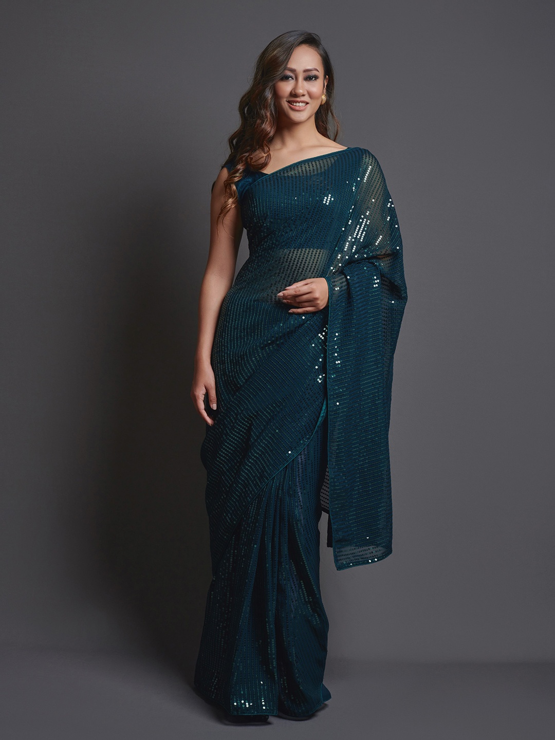 

CANIZZARO Embellished Sequinned Pure Georgette Saree, Teal