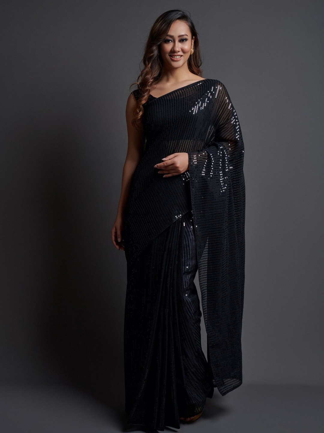 

CANIZZARO Embellished Sequinned Pure Georgette Saree, Black