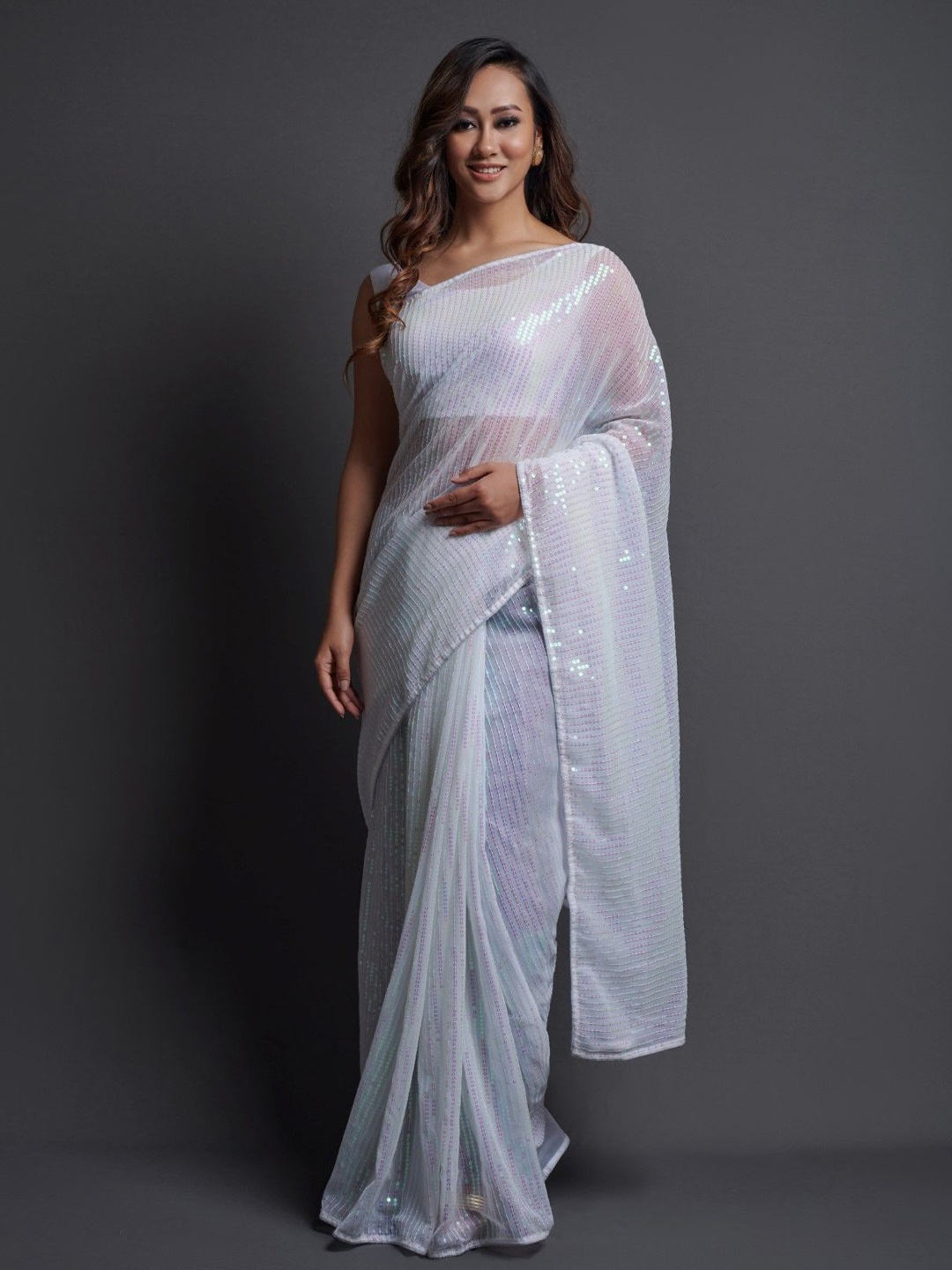 

CANIZZARO Embellished Sequinned Pure Georgette Saree, White