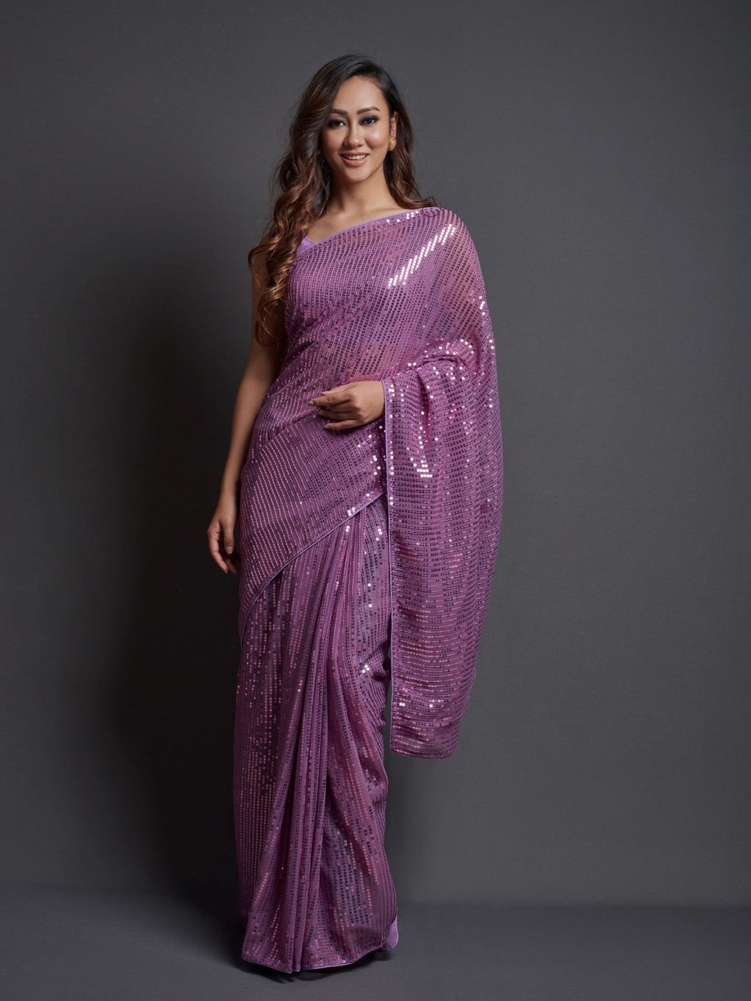 

CANIZZARO Embellished Sequinned Pure Georgette Saree, Mauve