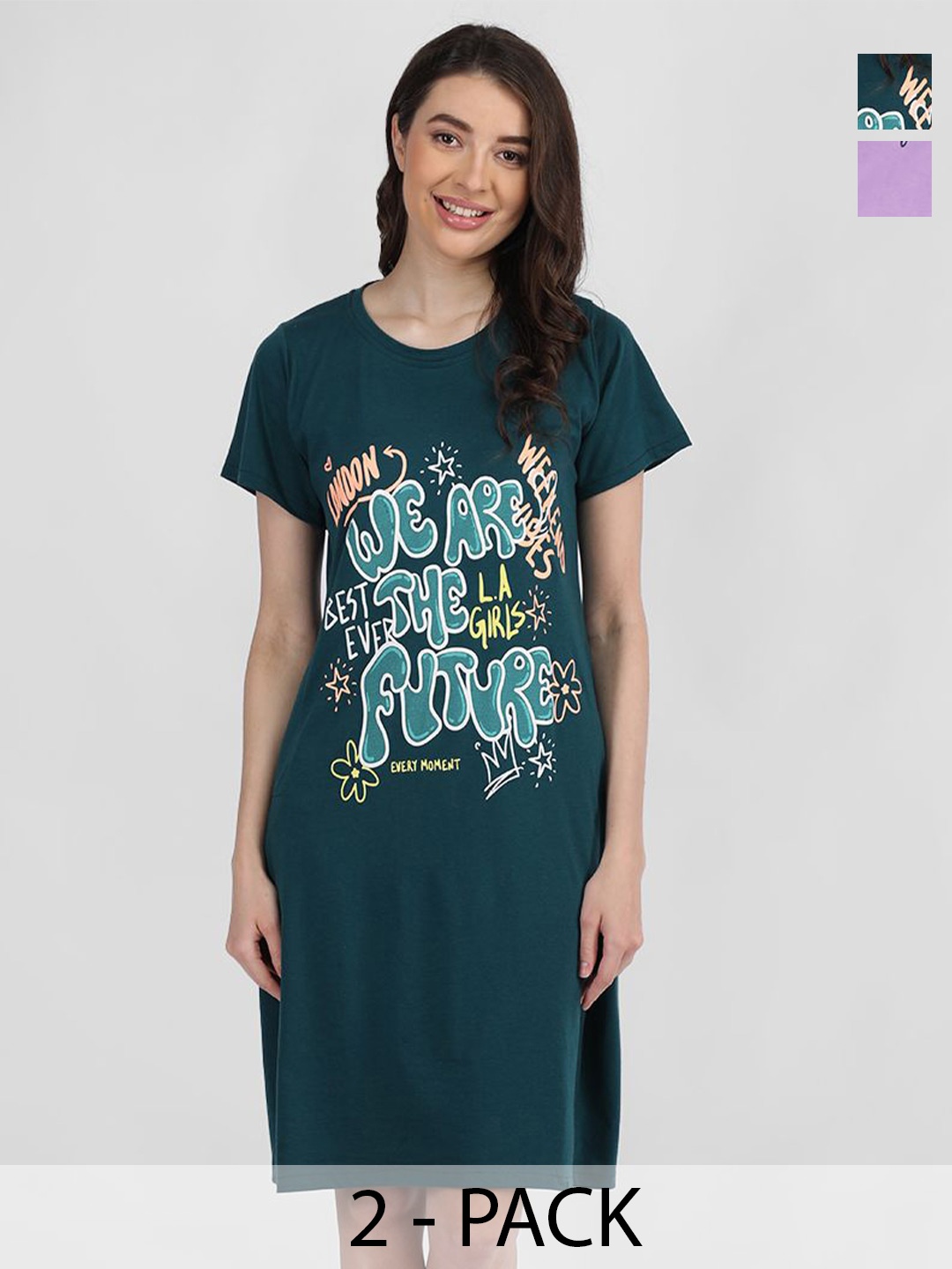 

Duchess Pack Of 2 Round Neck Short Sleeves Printed T-shirt Nightdress, Green