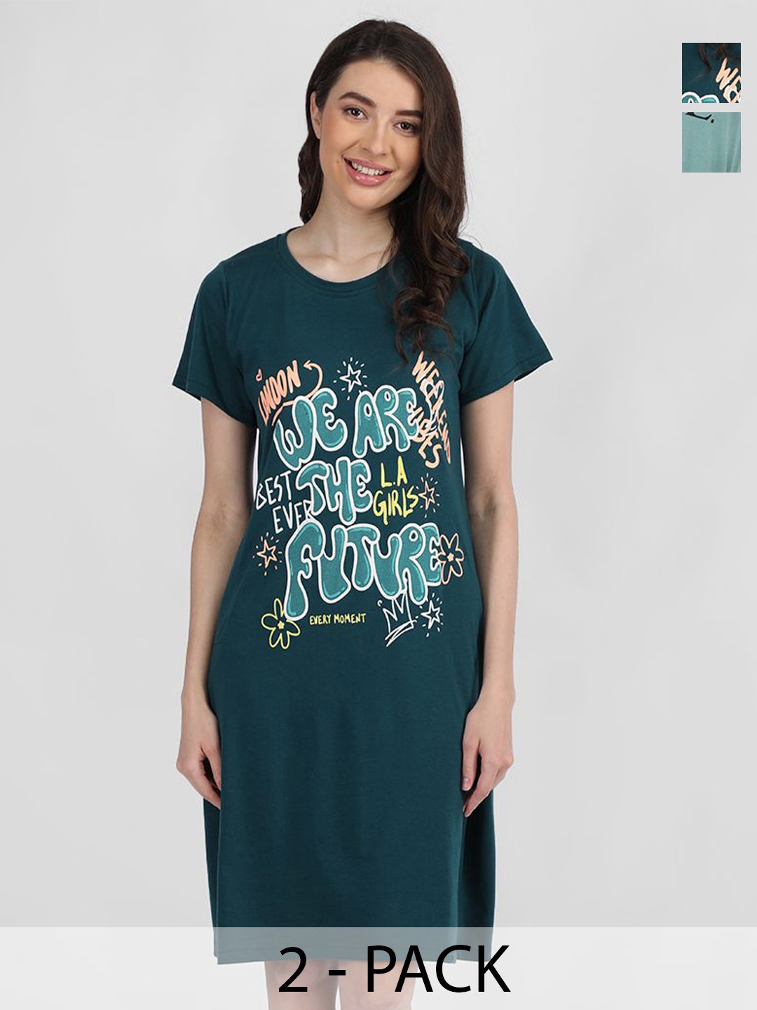 

Duchess Pack Of 2 Round Neck Short Sleeves Printed T-shirt Nightdress, Green