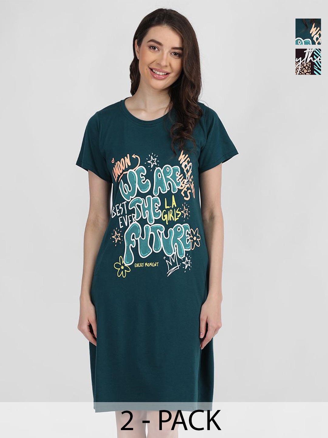 

Duchess Pack Of 2 Round Neck Printed T-shirt Nightdress, Black