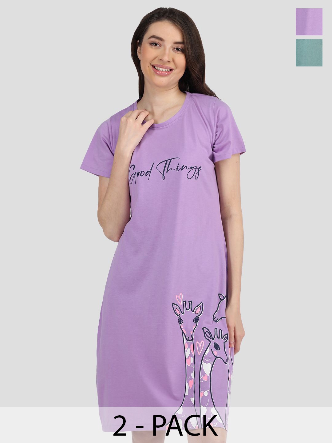 

Duchess Pack Of 2 Round Neck Printed T-shirt Nightdress, Green