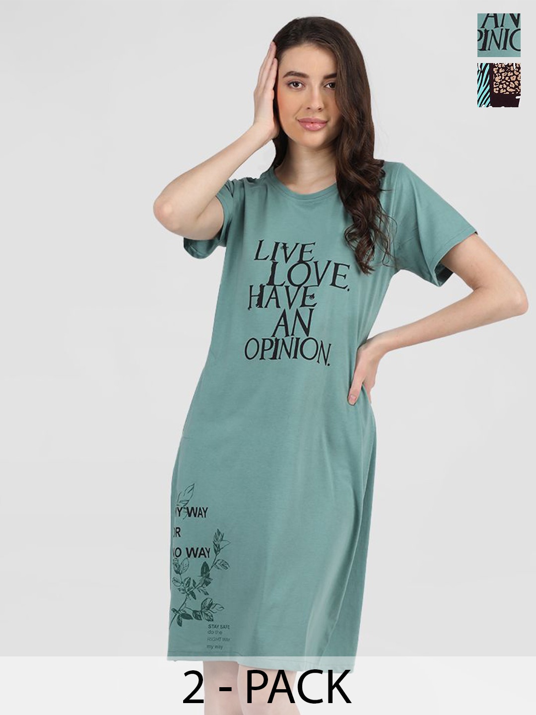 

Duchess Pack Of 2 Round Neck Printed T-shirt Nightdress, Teal