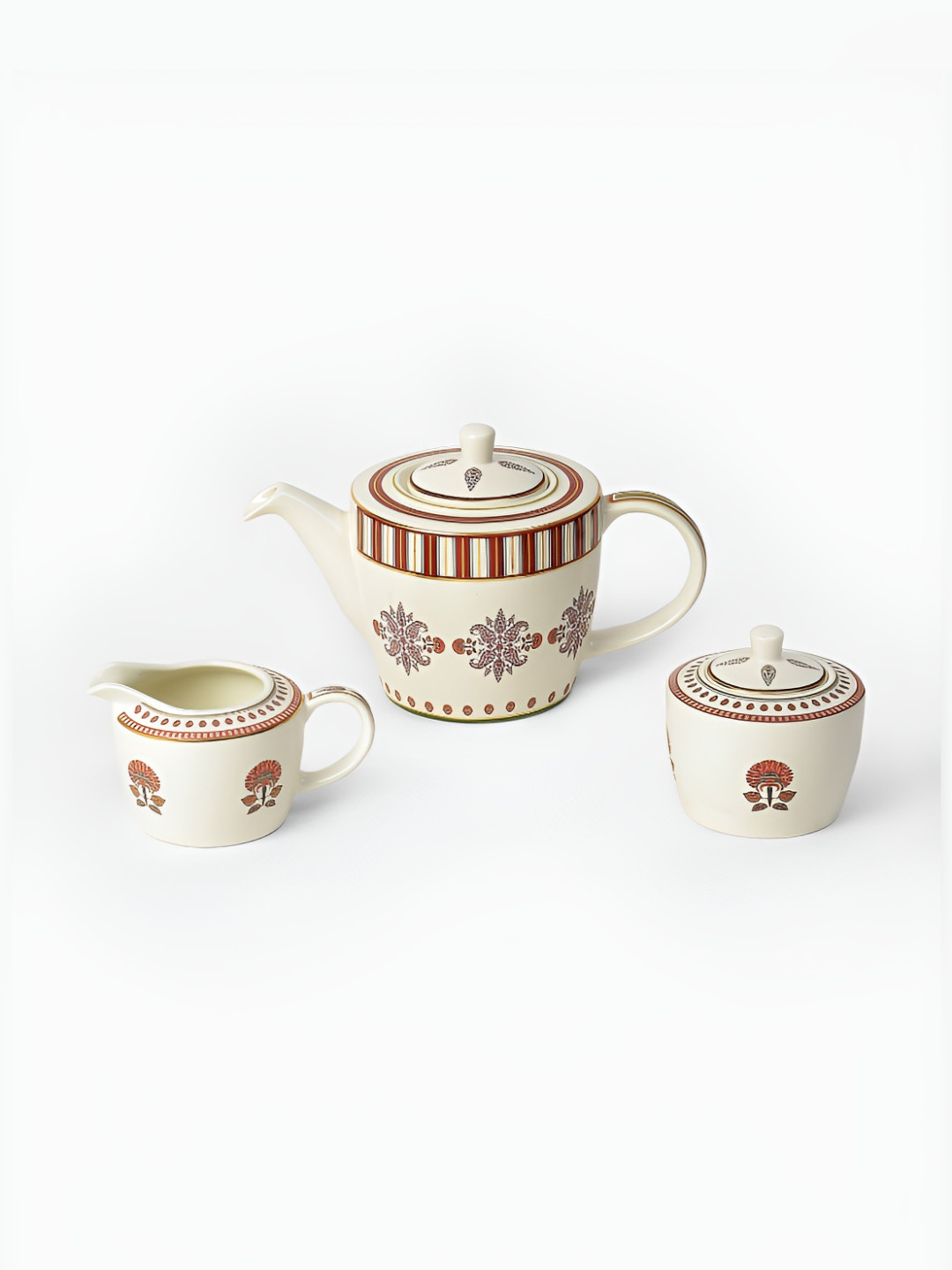 

Ritu Kumar Kashmiri Booti Off White & Brown 3 Pcs Printed Glossy Tea Set.