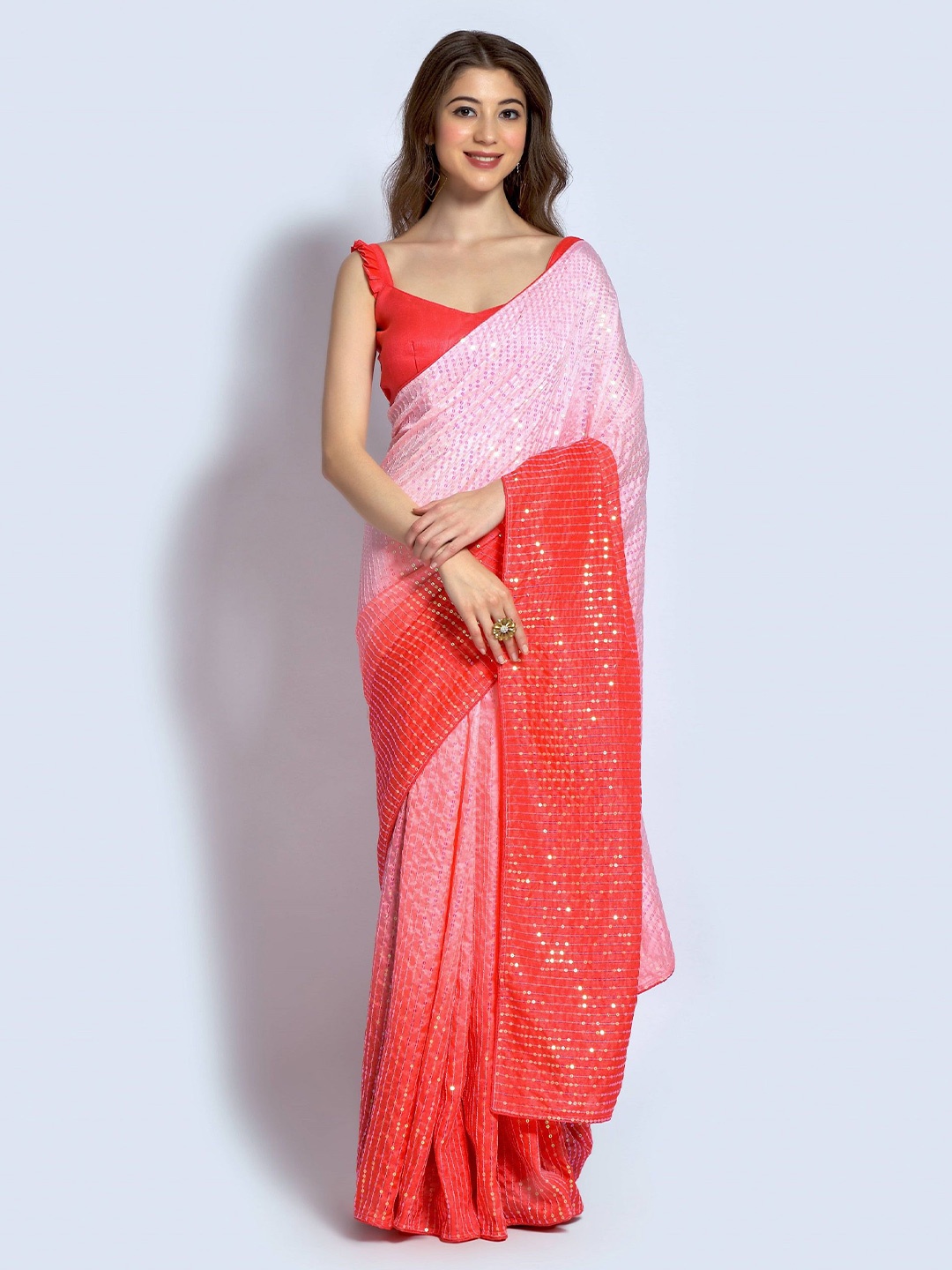 

KALINI Ombre Embellished Sequinned Saree, Peach