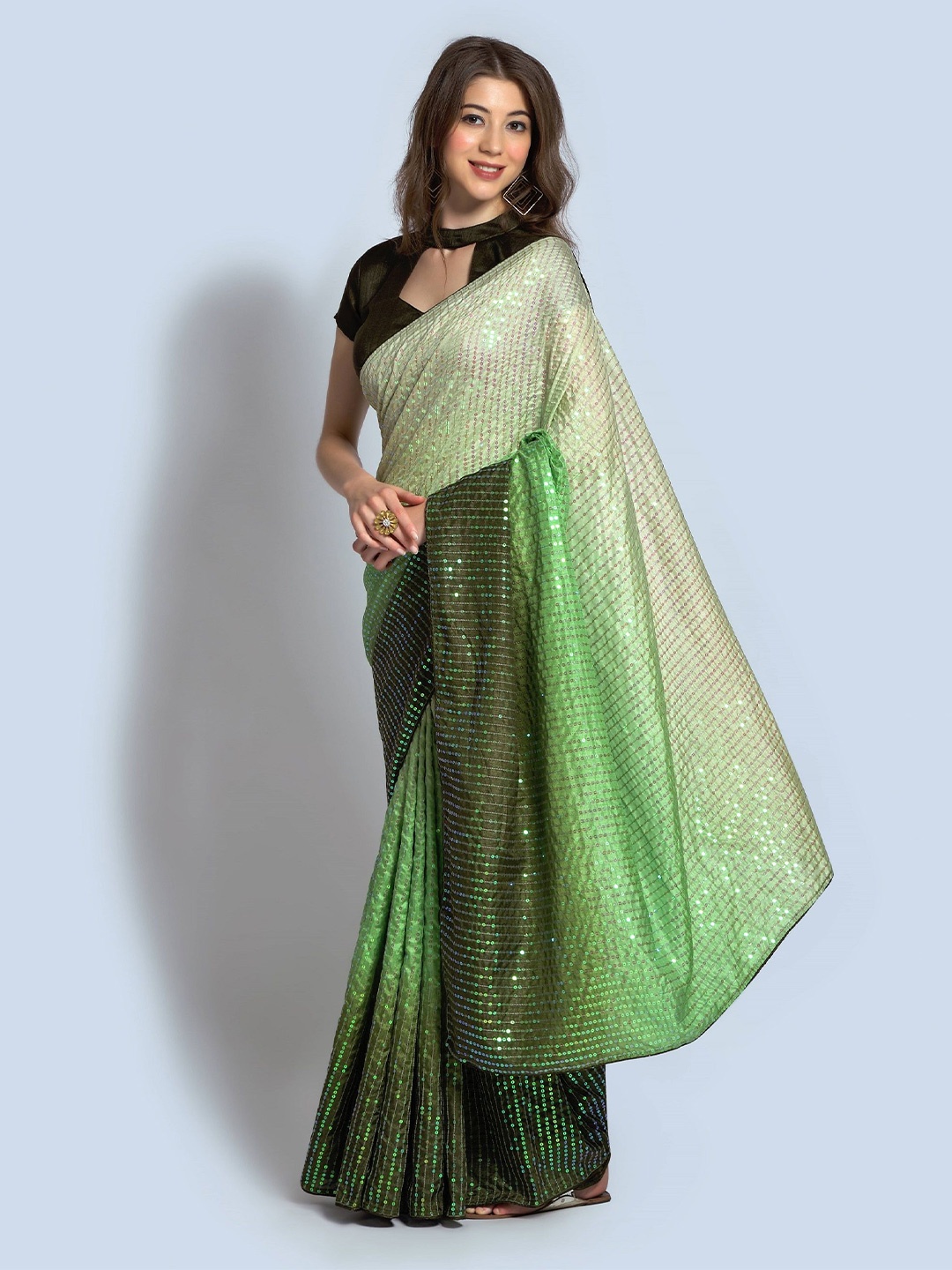 

KALINI Embellished Sequinned Saree, Green