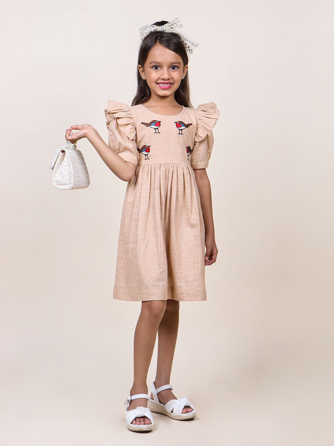 

Jilmil Girls Cotton Embroidered Flutter Sleeve Fit and Flare Dress, Beige