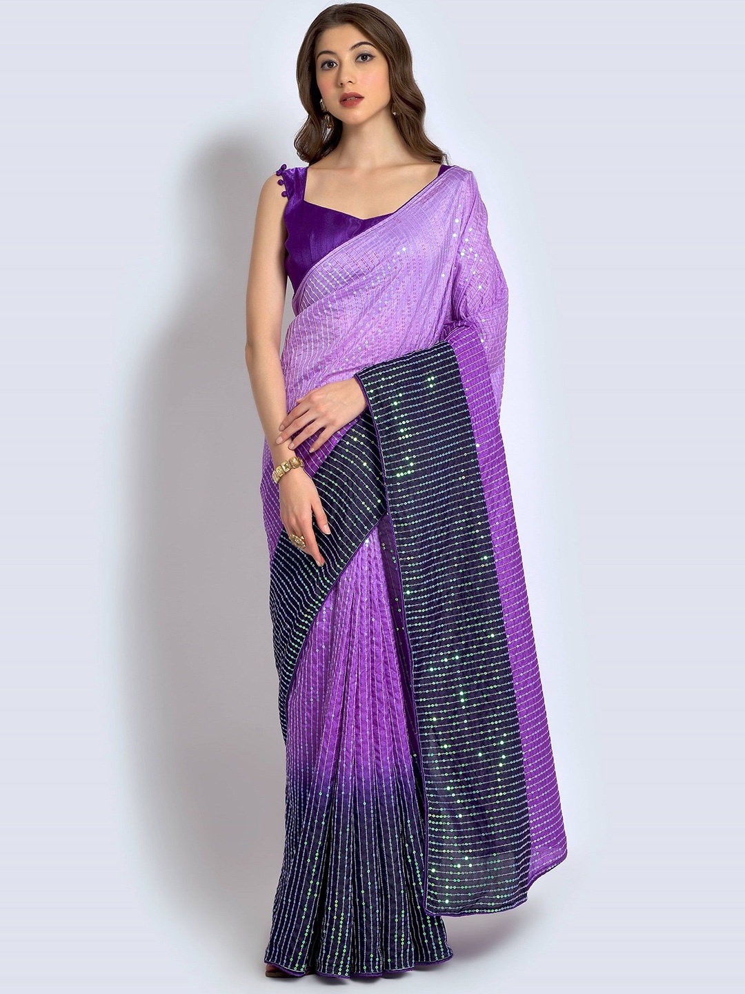 

CANIZZARO Ombre Embellished Sequinned Saree, Purple