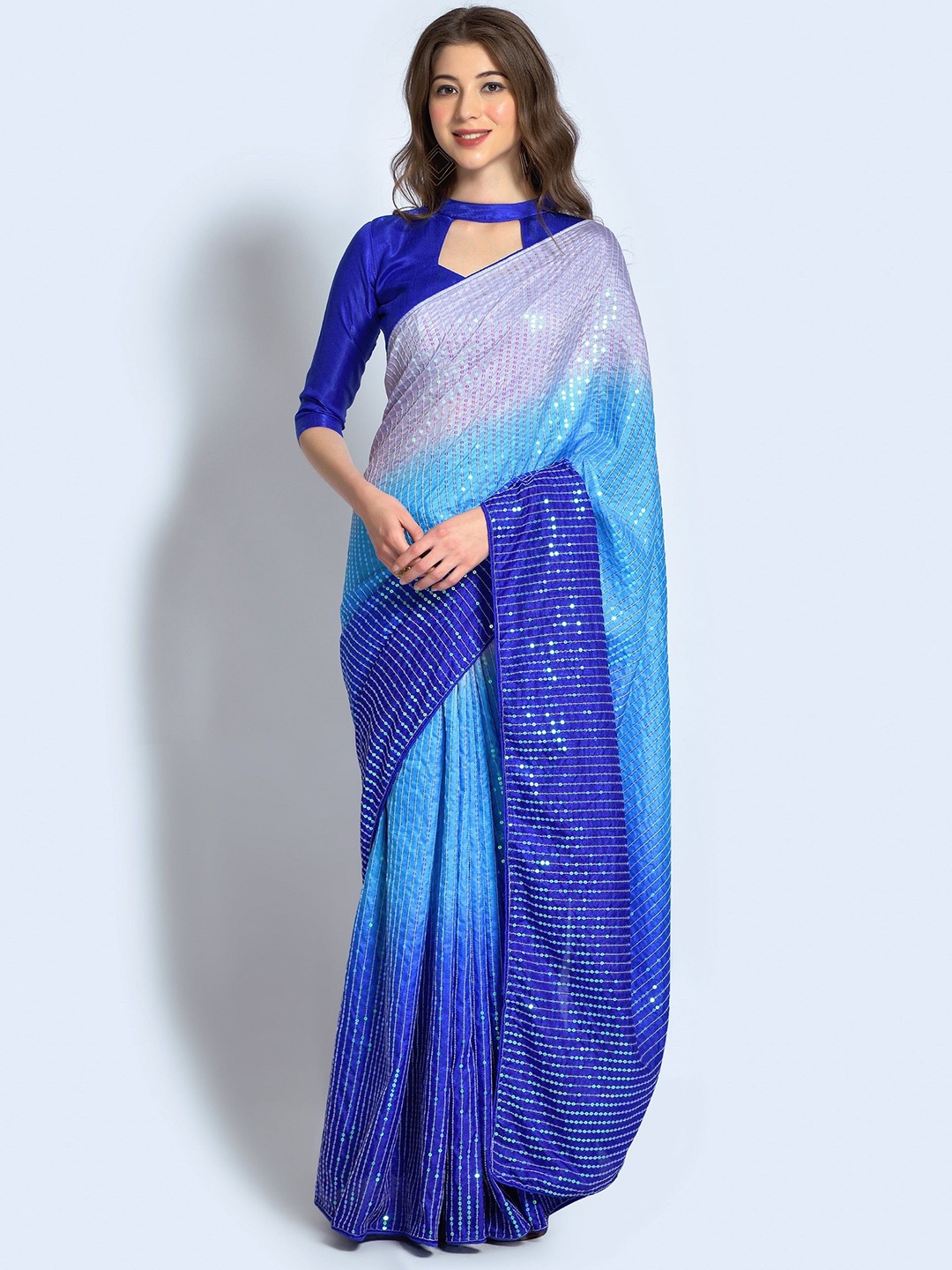 

CANIZZARO Ombre Embellished Sequinned Saree, Blue