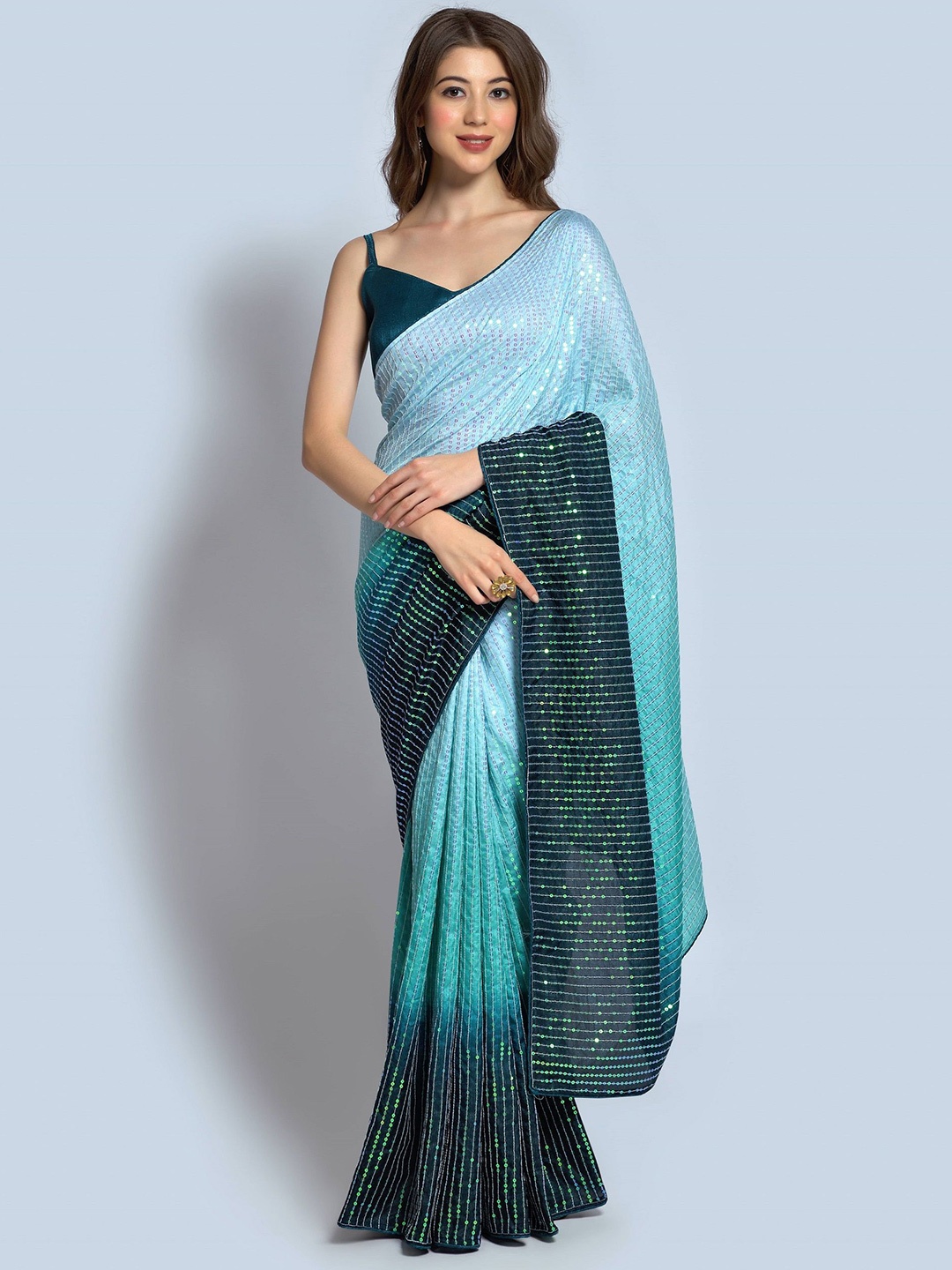 

CANIZZARO Ombre Embellished Sequinned Saree, Teal