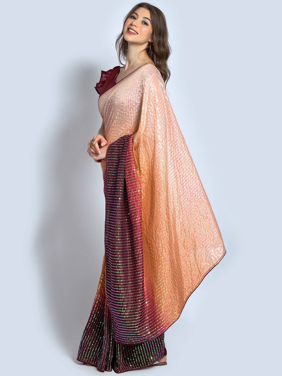 

CANIZZARO Ombre Embellished Sequinned Saree, Maroon