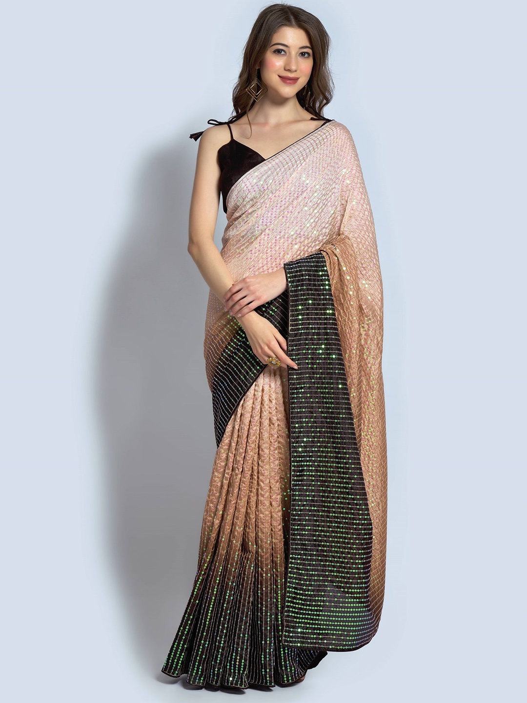 

CANIZZARO Ombre Embellished Sequinned Saree, Brown