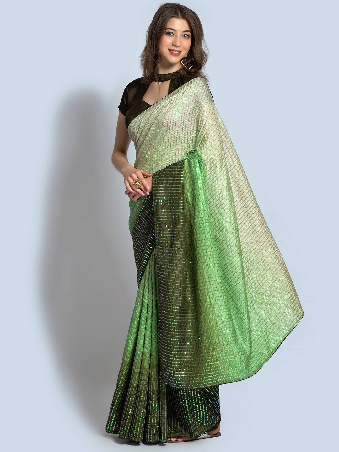 

CANIZZARO Ombre Embellished Sequinned Saree, Green