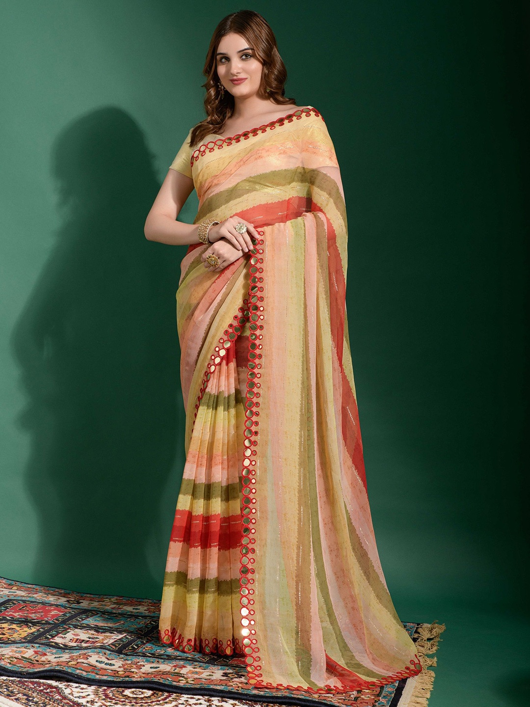 

CANIZZARO Striped Mirror Work Saree, Red