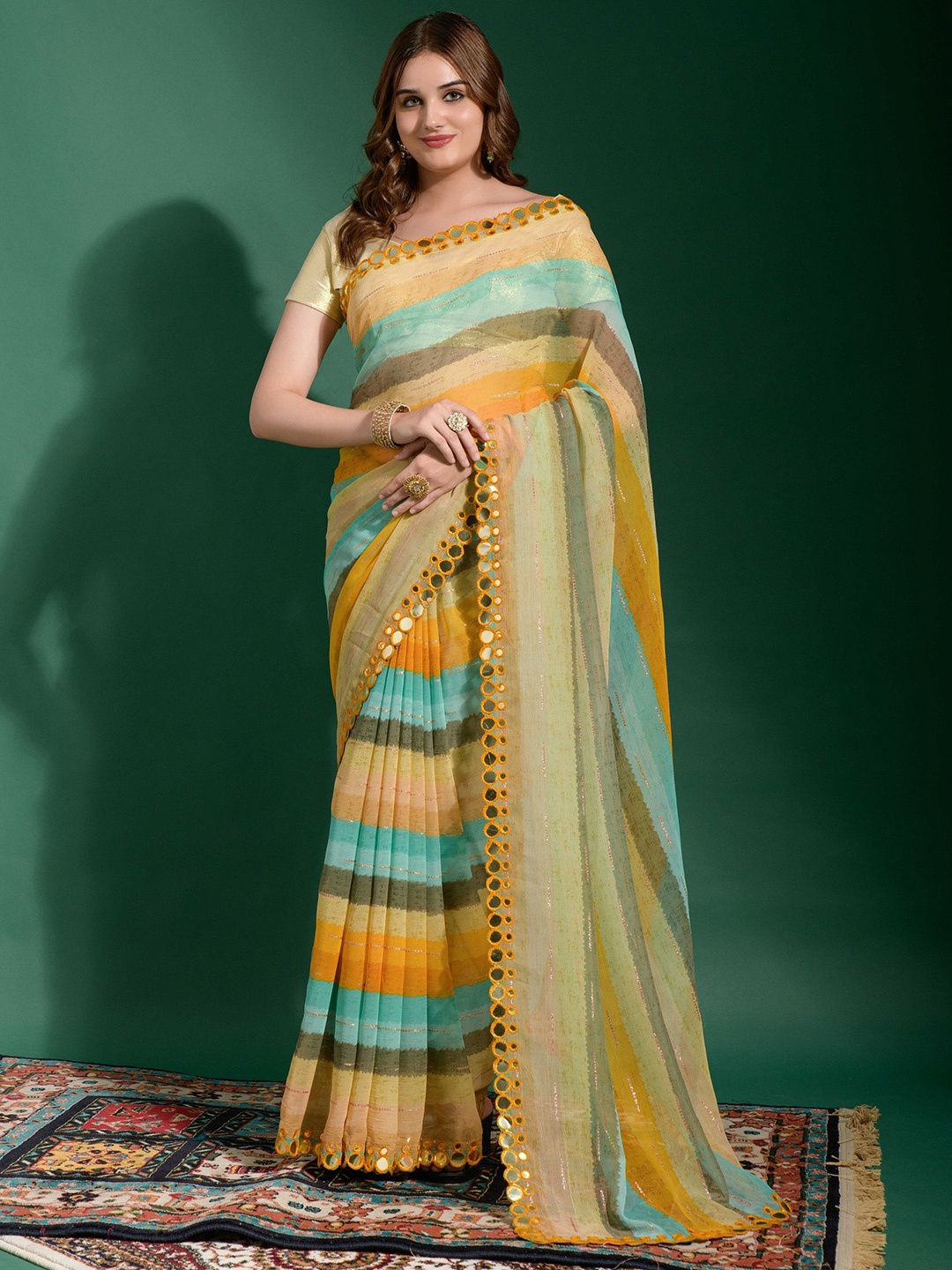 

CANIZZARO Striped Mirror Work Saree, Yellow
