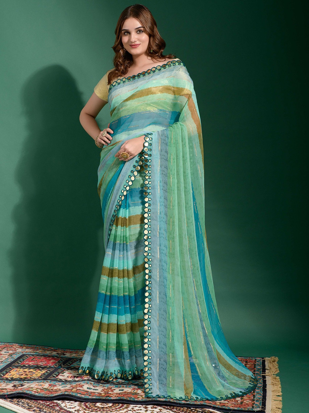 

CANIZZARO Striped Mirror Work Saree, Turquoise blue