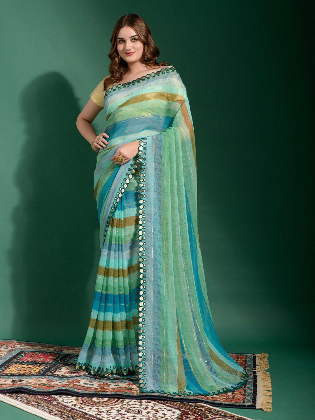 

KALINI Striped Mirror Work Saree, Turquoise blue