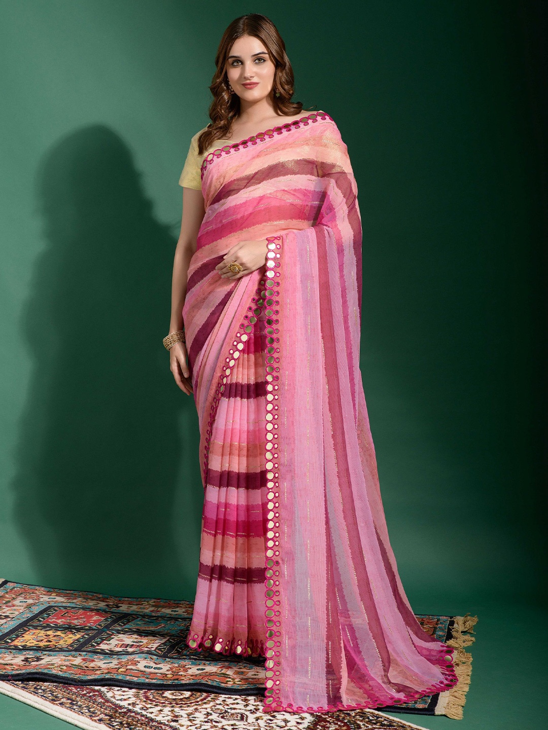 KALINI Striped Mirror Work Saree, Pink