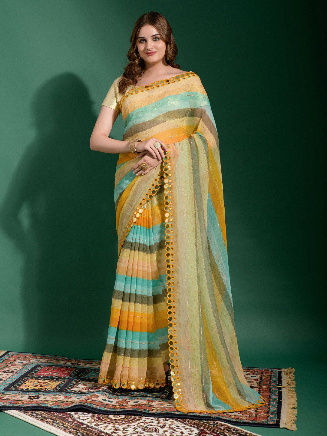 

KALINI Striped Mirror Work Saree, Yellow