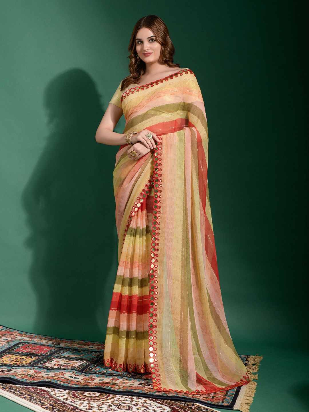 KALINI Striped Mirror Work Saree, Red