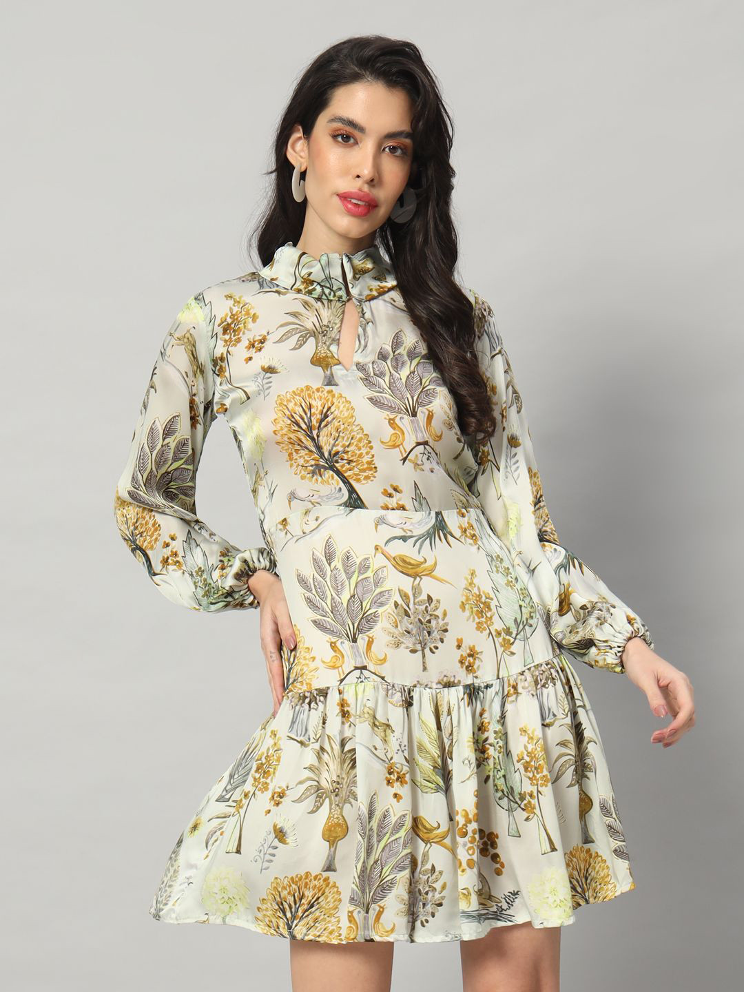 

BRIJAL LAD Keyhole Neck Bishop Sleeves Drop-Waist Dress, Green