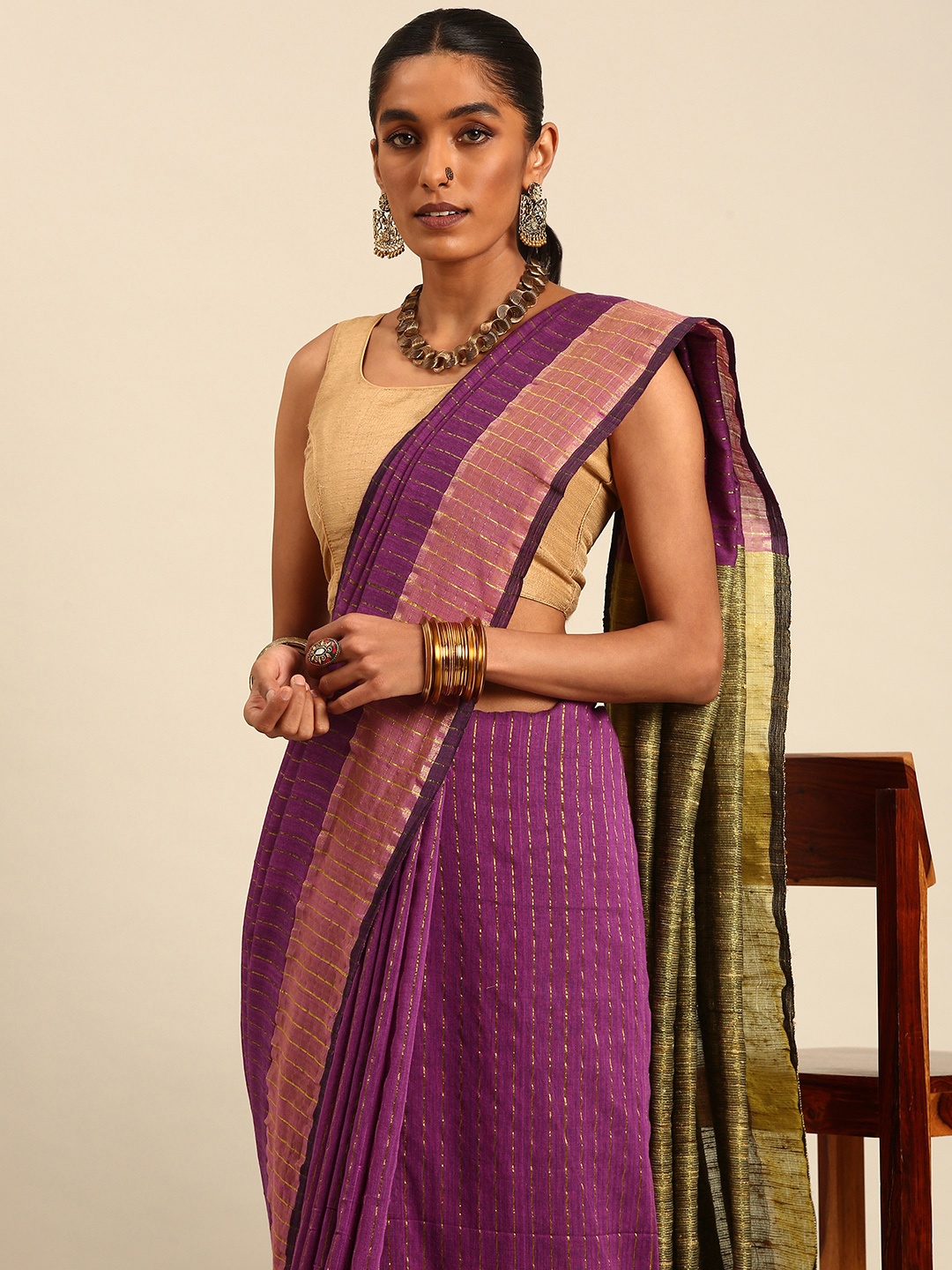 

Taavi Striped Zari Woven Legacy Saree, Purple