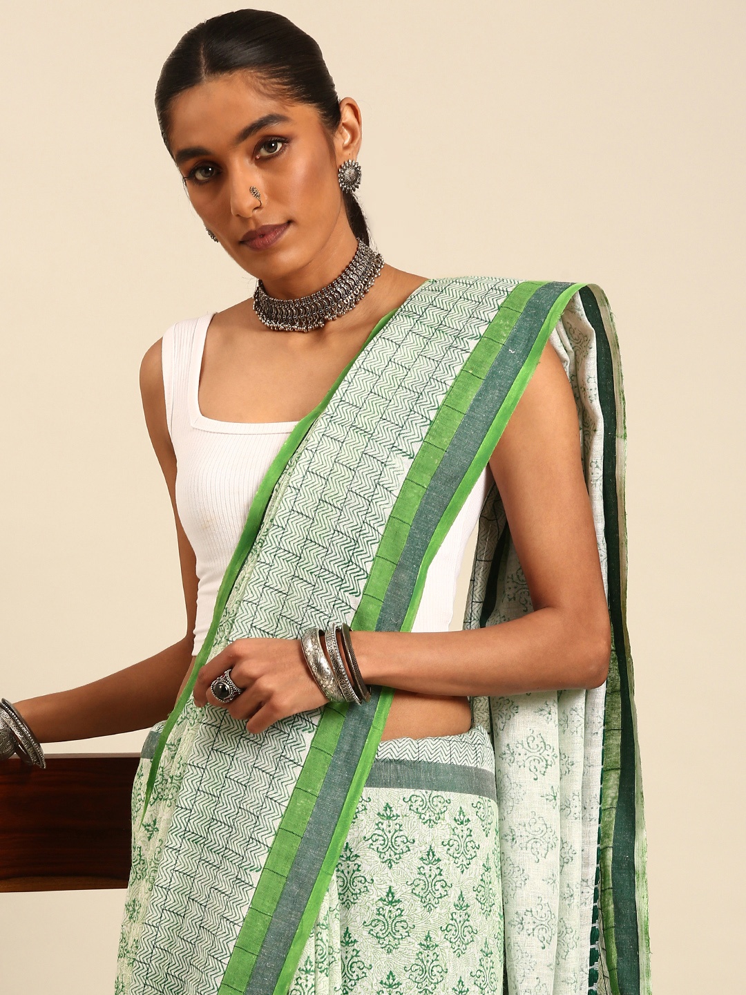 

Taavi Ethnic Motifs Hand Block Print Handloom Cotton Linen Saree, Off white