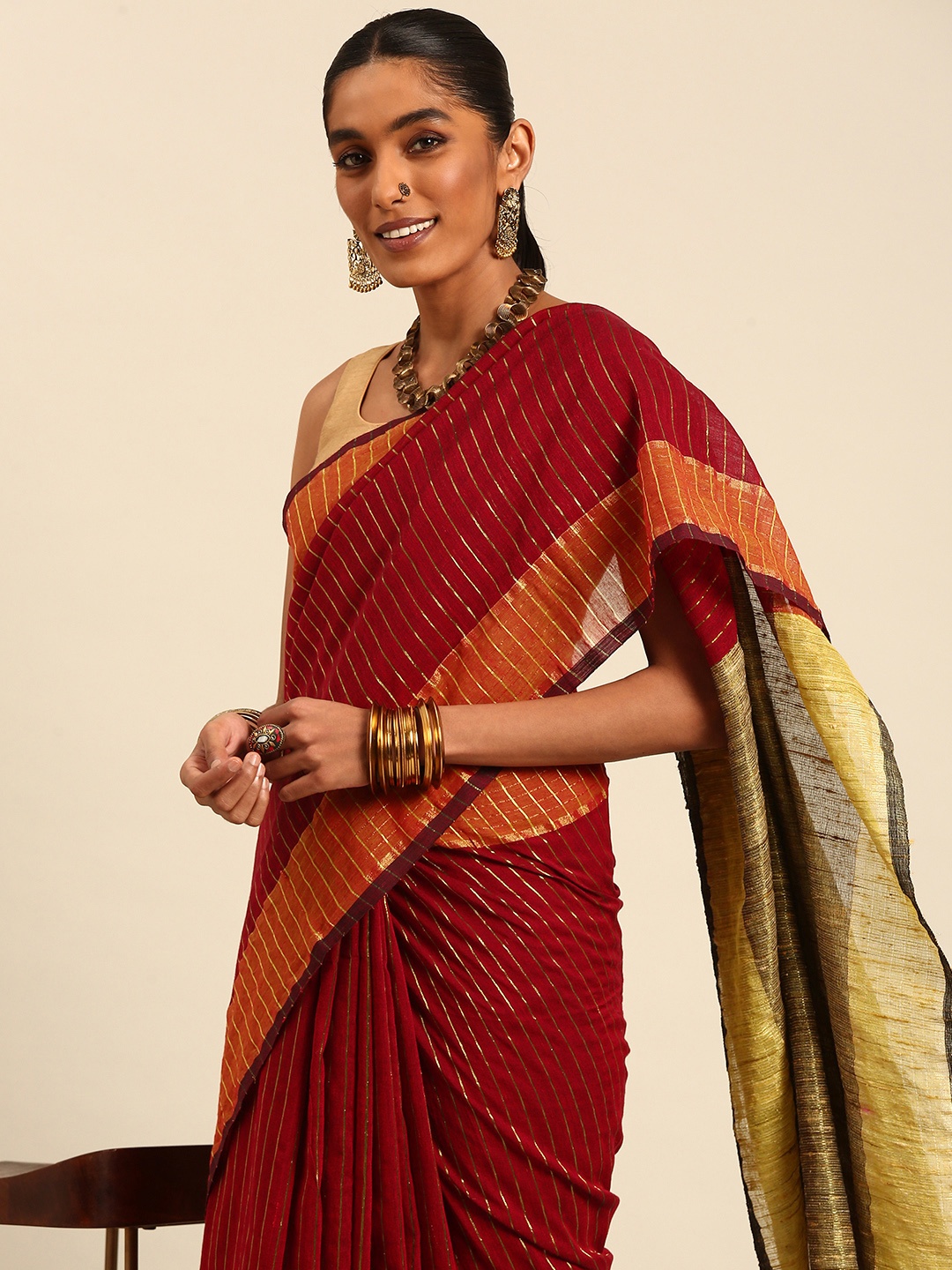 

Taavi Striped Zari Woven Legacy Saree, Red