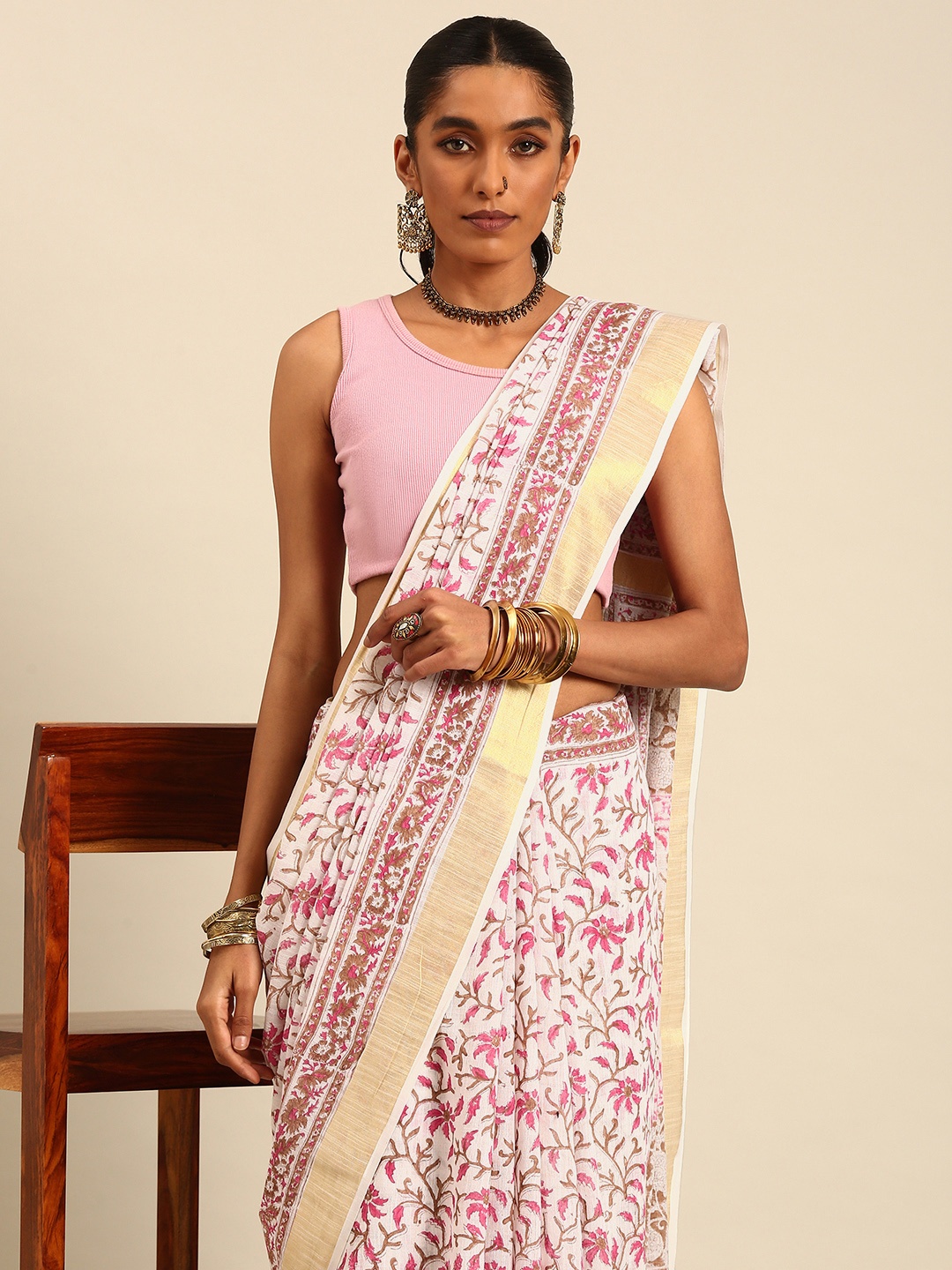 

Taavi Floral Sanganeri Hand Block Printed Zari Saree, Off white