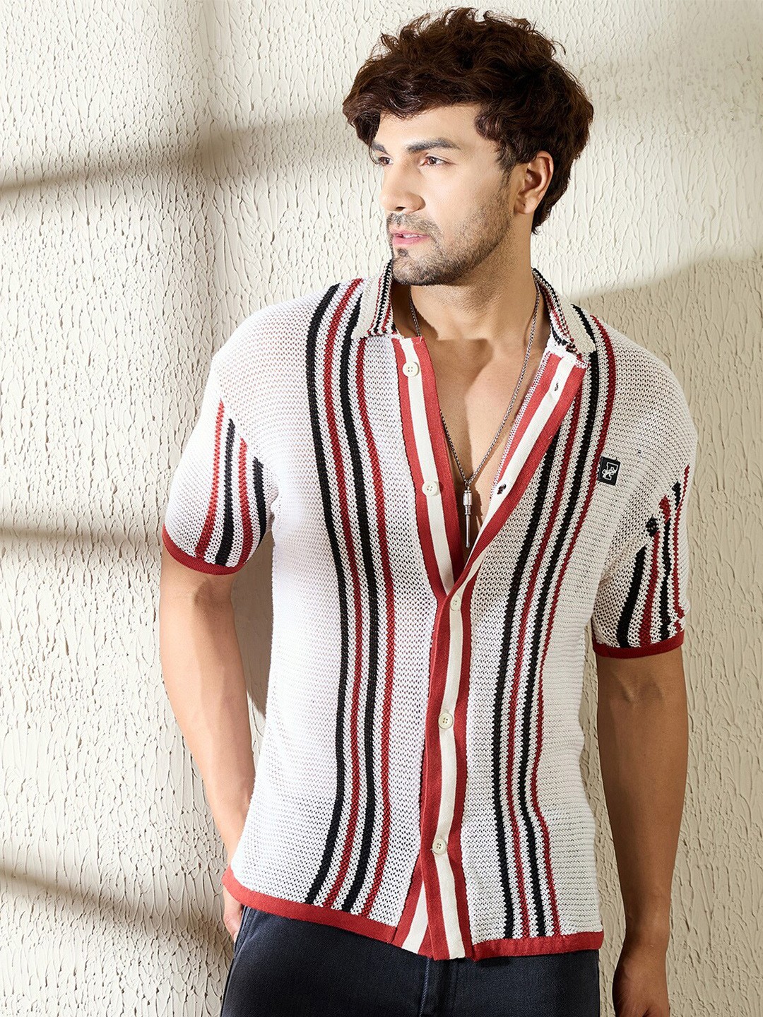 

FUGAZEE Men Relaxed Semi Sheer Striped Casual Shirt, White