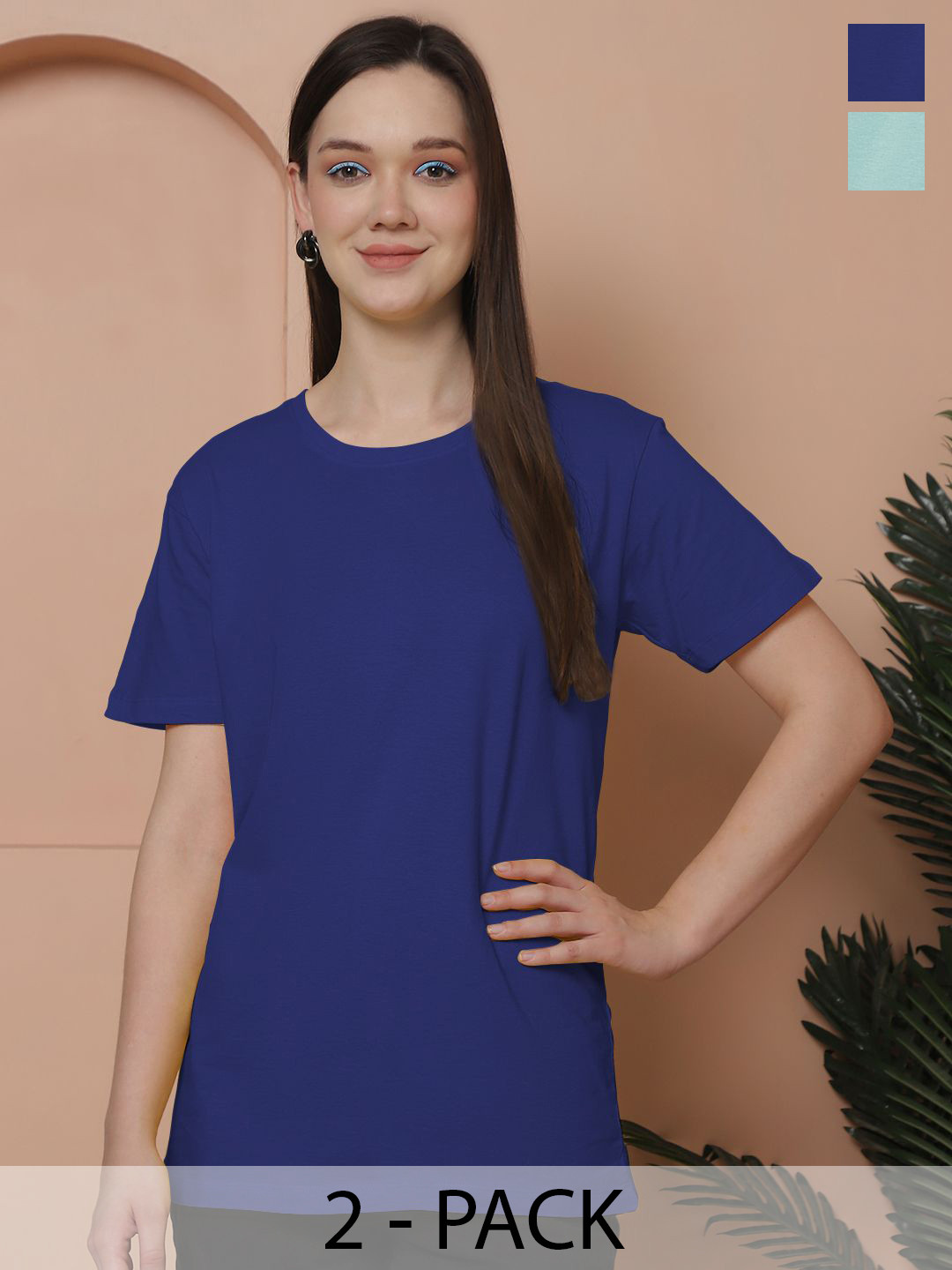 

Friskers Women Pack Of 2 Solid Round Neck Cotton Oversized T-shirts, Blue