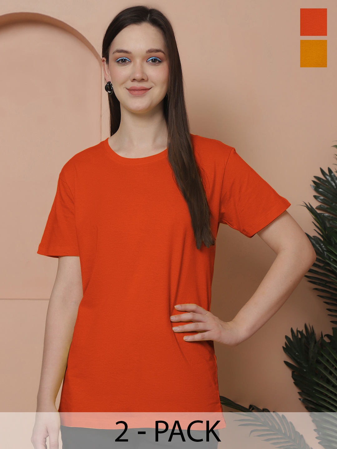 

Friskers Women Pack Of 2 Solid Pure Cotton Oversized T-shirts, Orange
