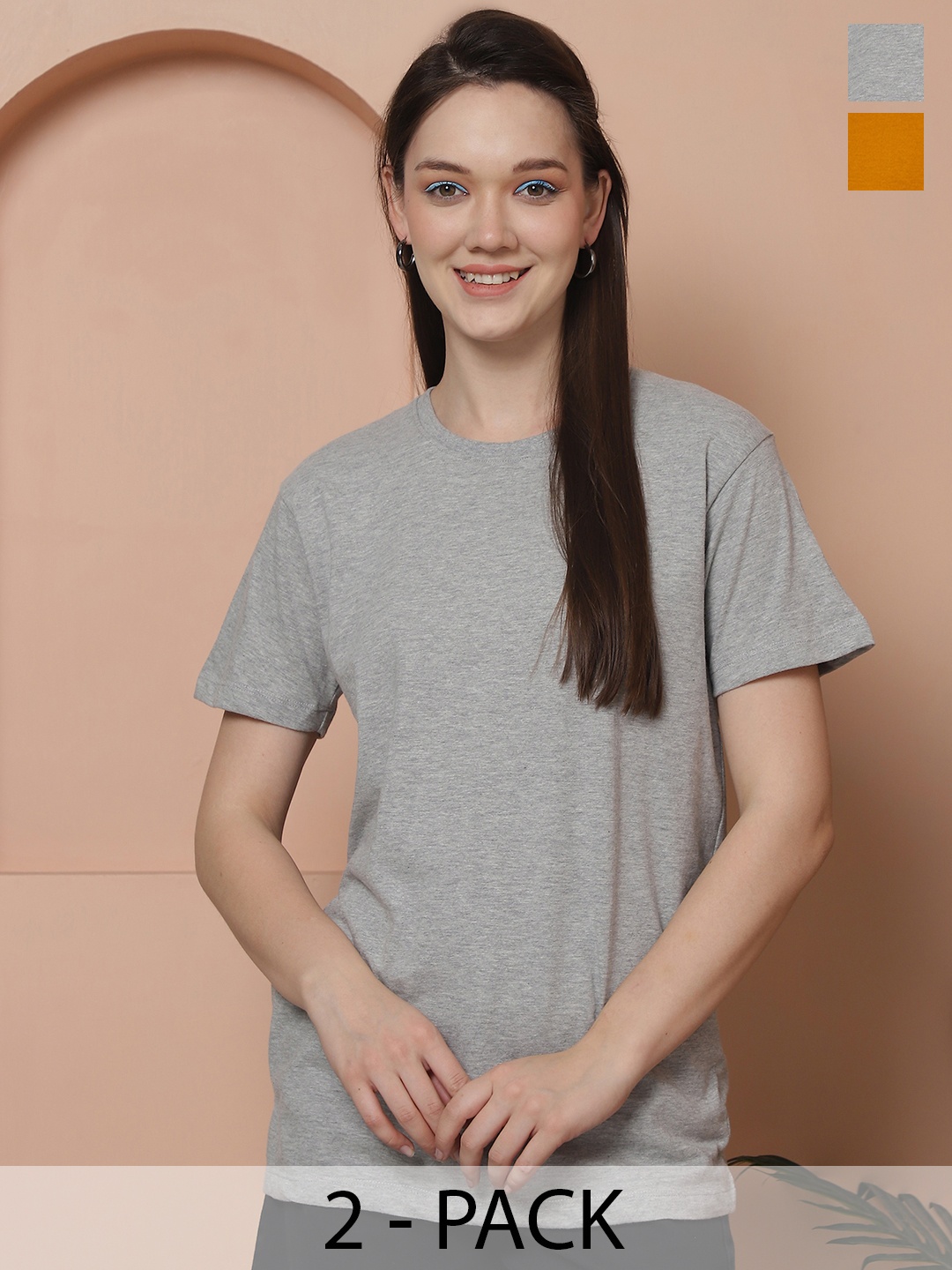 

Friskers Women Pack Of 2 Solid Pure Cotton Oversized T-shirts, Grey melange
