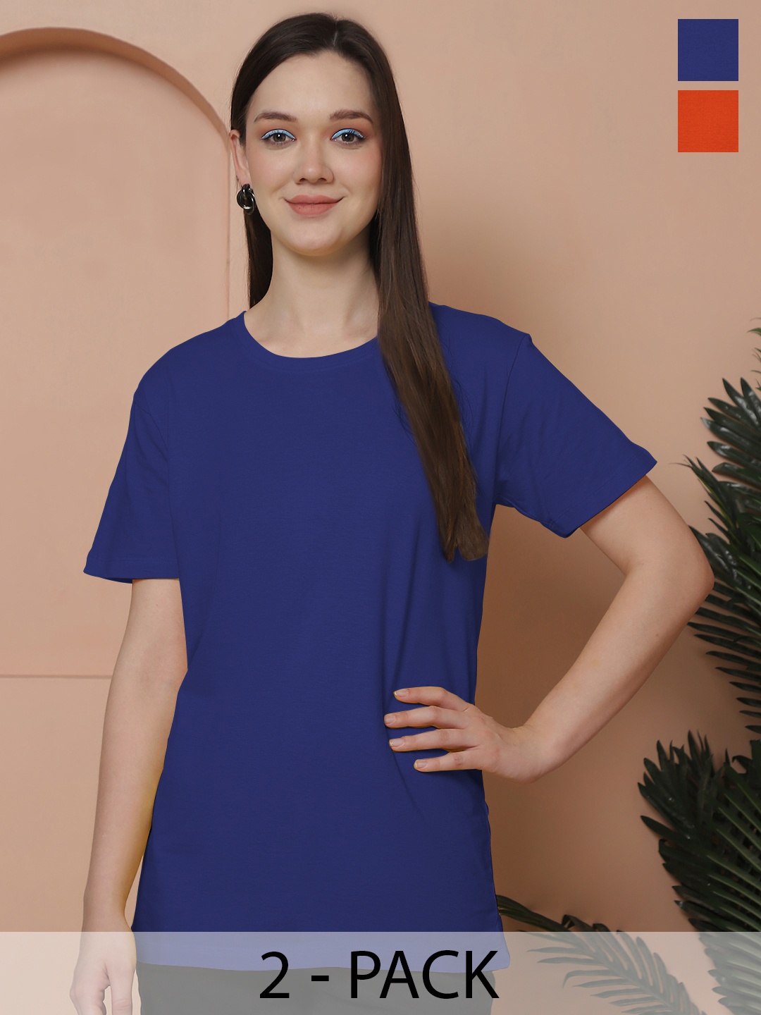 

Friskers Women Pack Of 2 Solid Pure Cotton Oversized T-shirts, Blue