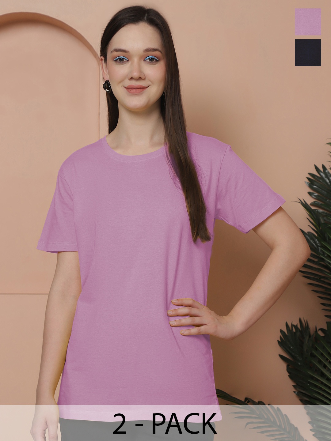 

Friskers Women Pack Of 2 Solid Pure Cotton Oversized T-shirts, Purple